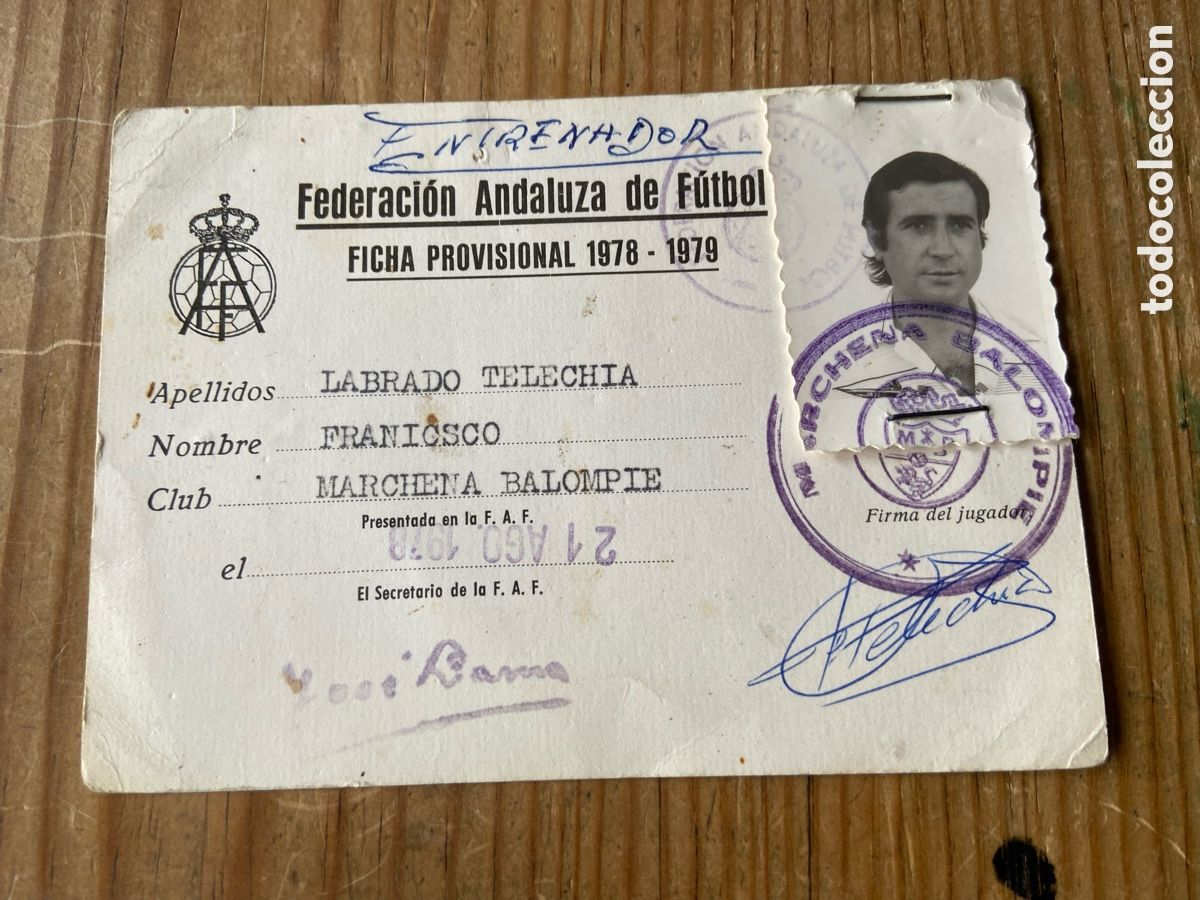 Coleccionismo deportivo: R29343 FICHA LICENCIA DE JUGADOR FRANCISCO LABRADO TELECHIA MARCHENA BALOMPIE A&Ntilde;OS 70 BETIS