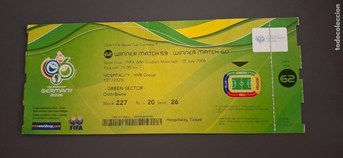 Coleccionismo deportivo: ENTRADA 62 TICKET FUTBOL SEMIFINAL WORLD CUP 06 2006 GERMANY - FRANCE FRANCIA PORTUGAL CR7 ZIDANE