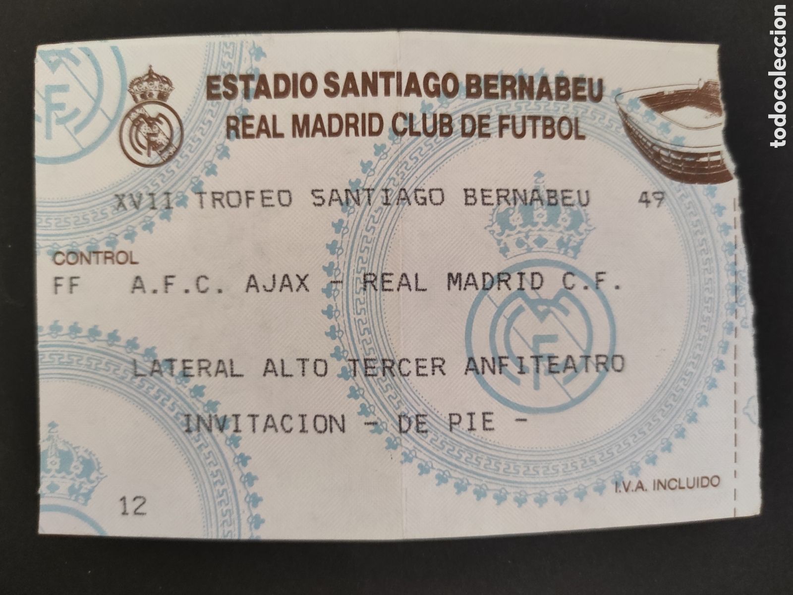 Sammelleidenschaft Sport: TICKET ENTRADA DE FUTBOL REAL MADRID A.F.C. AJAX XVII TROFEO SANTIAGO BERNABEU. 1995.-