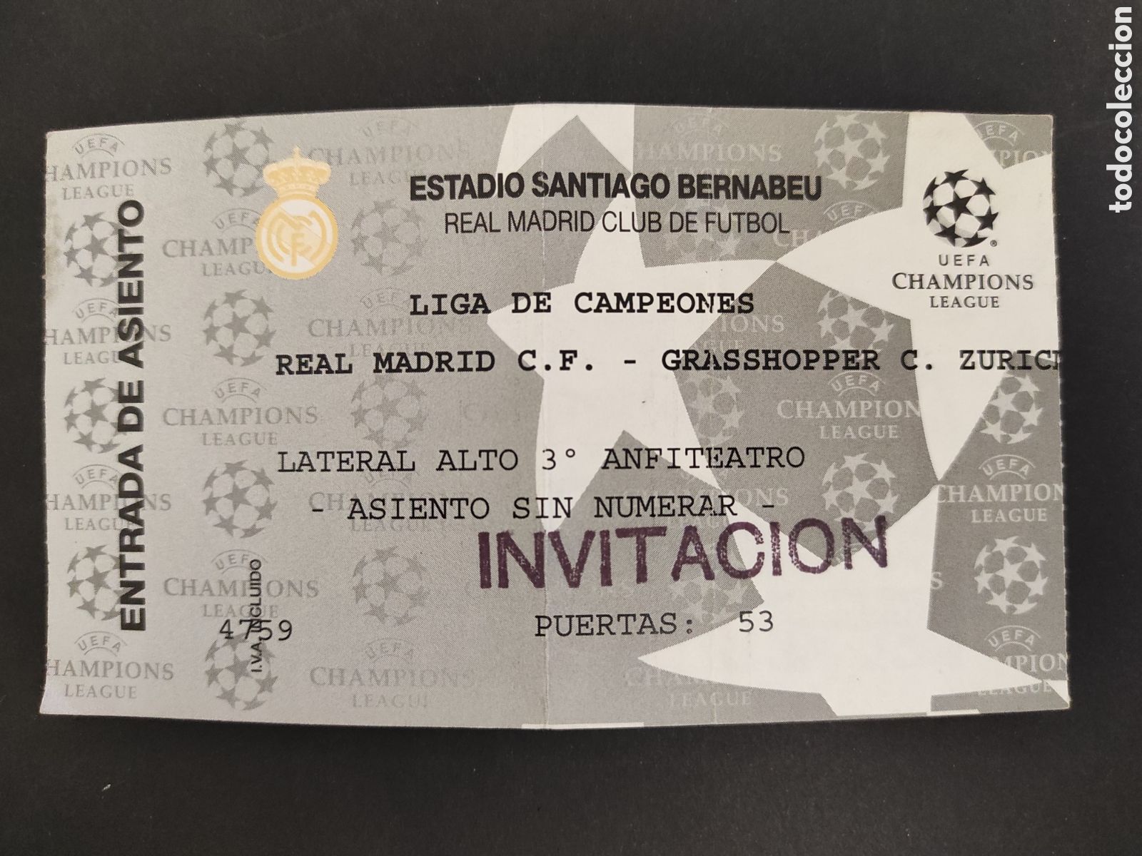 Sammelleidenschaft Sport: TICKET ENTRADA DE FUTBOL REAL MADRID GRASSHOPPER LIGA DE CAMPEONES CHAMPIONS LEAGUE 1995/1996