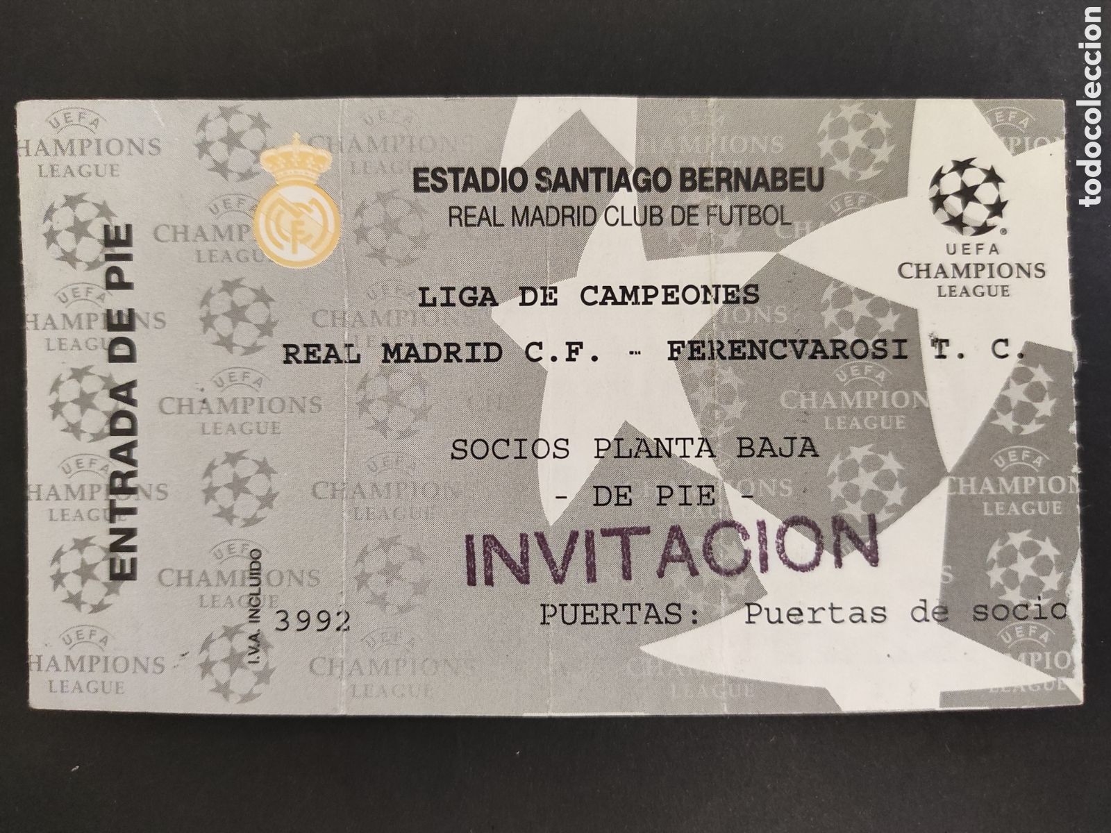 Sammelleidenschaft Sport: TICKET ENTRADA DE FUTBOL REAL MADRID FERENCVAROSI LIGA DE CAMPEONES CHAMPIONS LEAGUE 1995/1996