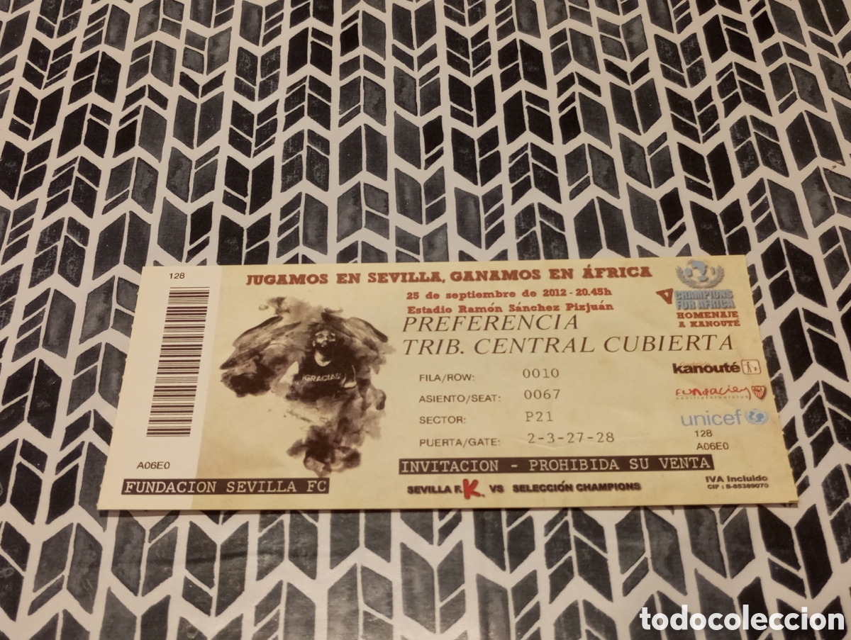 Coleccionismo deportivo: ENTRADA SEVILLA FC SELECCI&Oacute;N CHAMPIONS HOMENAJE A KANOUTE 25/09/2012 CHAMPIONS FOR &Aacute;FRICA