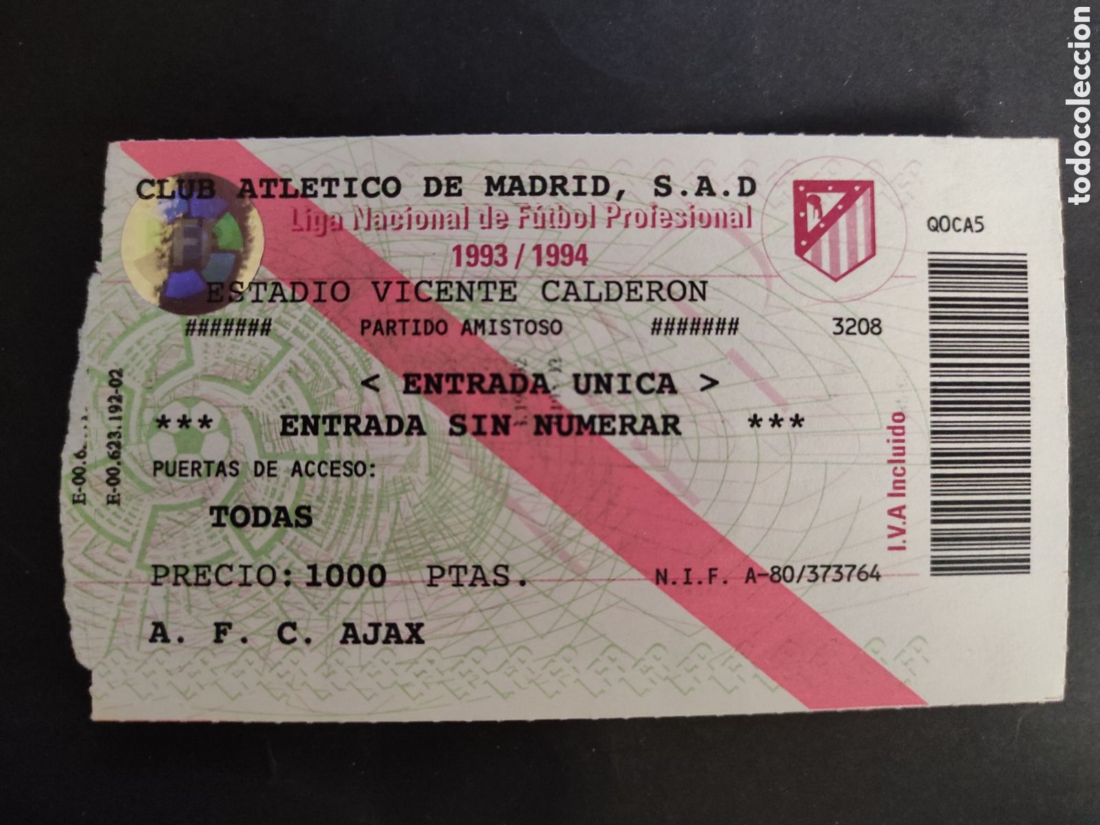 Sammelleidenschaft Sport: TICKET ENTRADA DE FUTBOL ATLETICO DE MADRID A. F. C. AJAX PARTIDO AMISTOSO 1993/1994