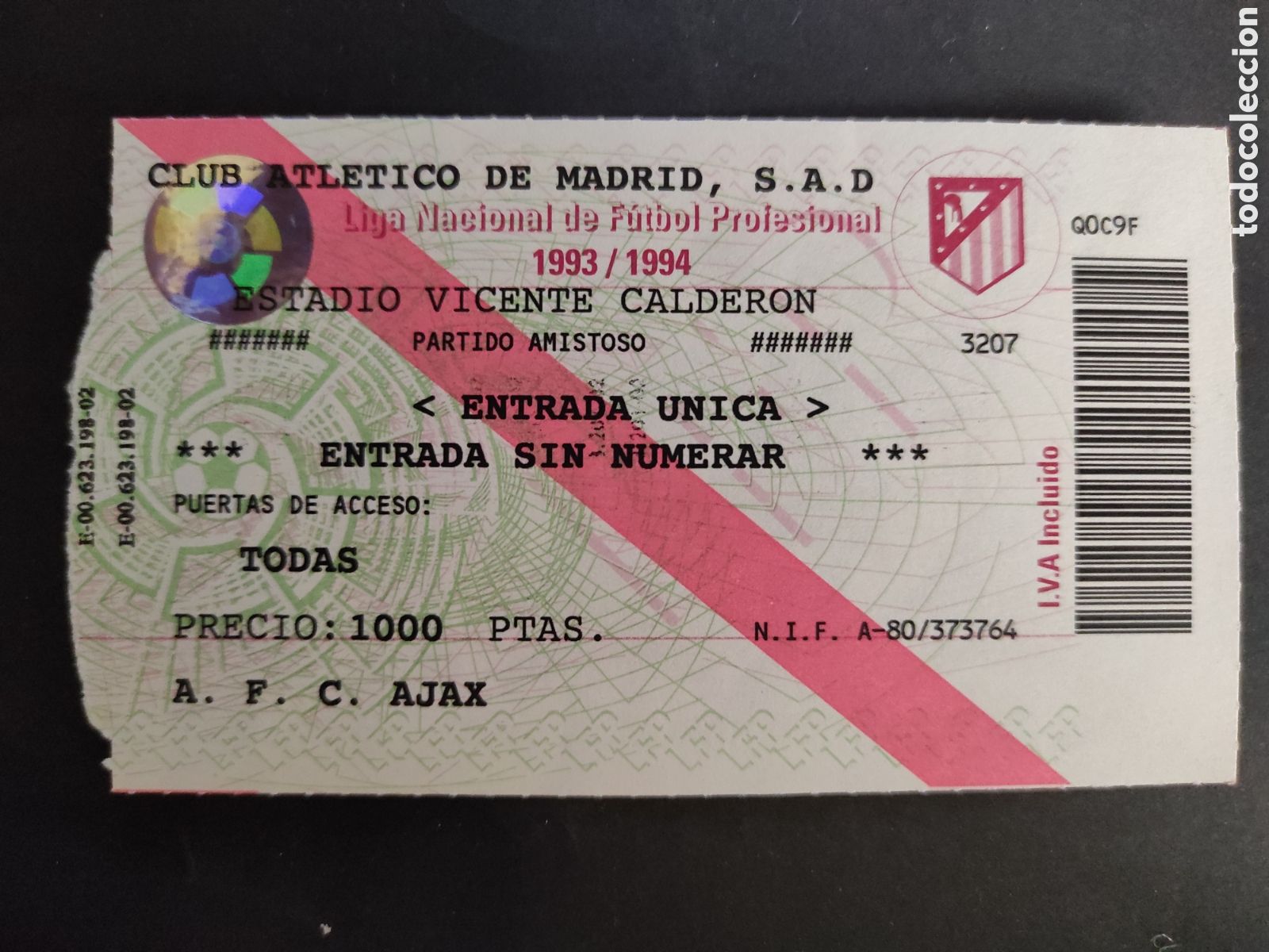 Sammelleidenschaft Sport: TICKET ENTRADA DE FUTBOL ATLETICO DE MADRID A. F. C. AJAX PARTIDO AMISTOSO 1993/1994