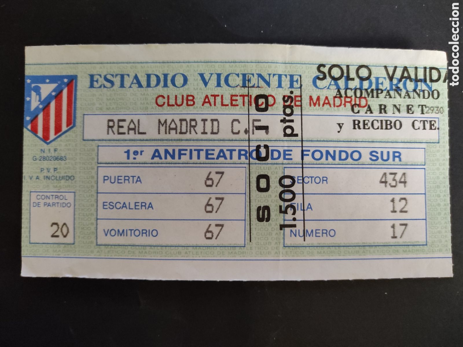 Sammelleidenschaft Sport: TICKET ENTRADA DE FUTBOL ATLETICO DE MADRID REAL MADRID. CAMPEONATO DE LIGA.- TEMPORADA 1987/1988