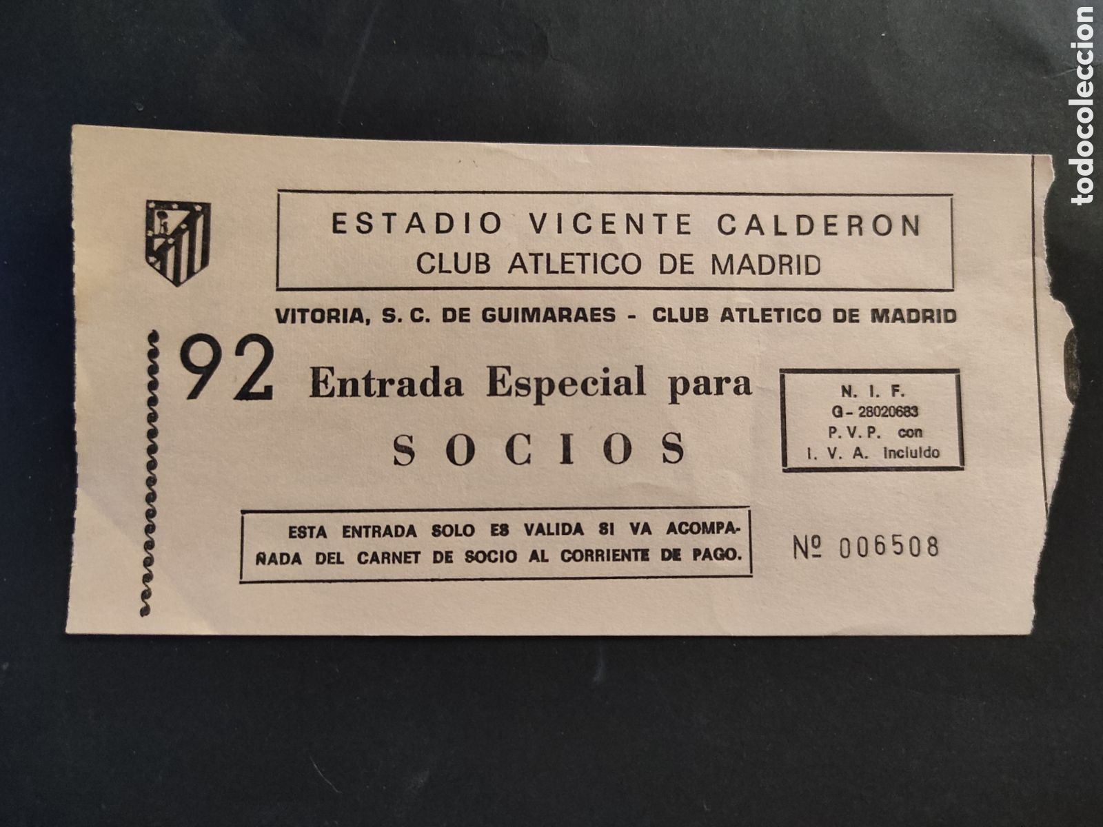Sammelleidenschaft Sport: TICKET ENTRADA DE FUTBOL ATLETICO DE MADRID VITORIA S. C. GUIMARAES. COPA UEFA.- 1986.