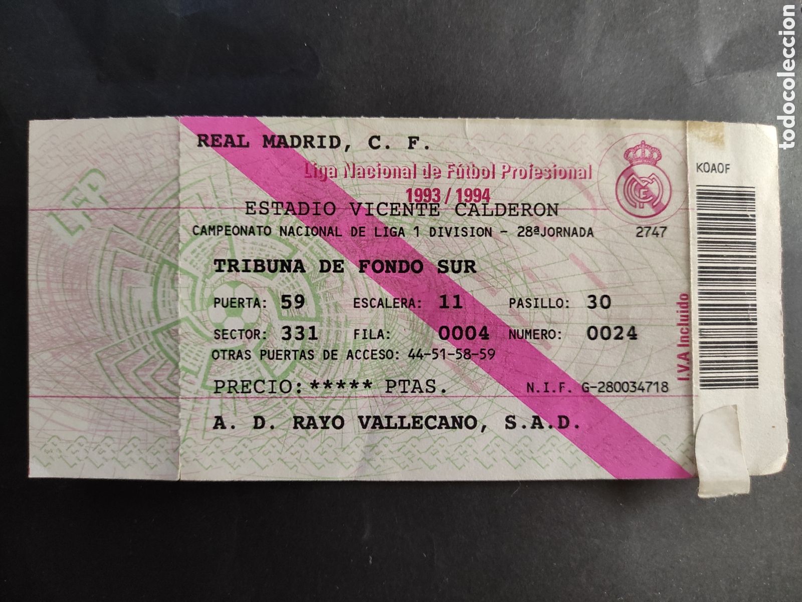 Coleccionismo deportivo: TICKET ENTRADA DE FUTBOL ATLETICO DE MADRID - RAYO VALLECANO - CAMPEONATO DE LIGA 1993/1994