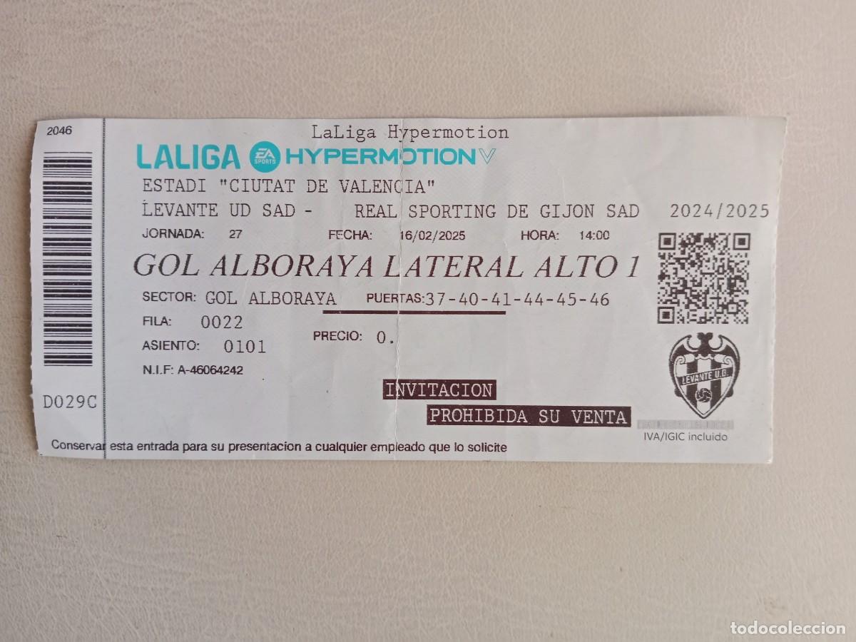Collectionnisme sportif: ENTRADA F&Uacute;TBOL LEVANTE UD VS. SPORTING GIJ&Oacute;N - LIGA HYPERMOTION - 16/02/25 - A&Ntilde;O 2025.