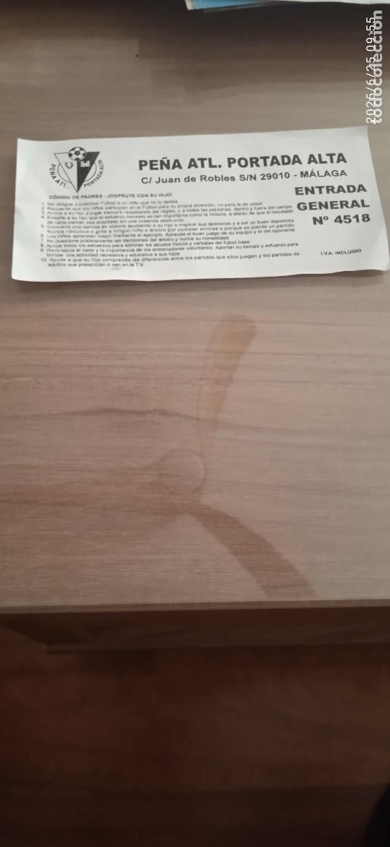 Colecionismo desportivo: Entrada de f&uacute;tbol. Pe&ntilde;a Atl&eacute;tico Portada Alta, M&aacute;laga (M&aacute;laga)