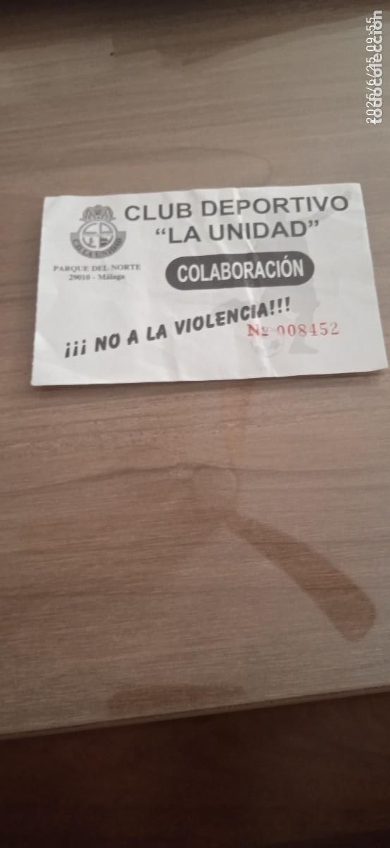Colecionismo desportivo: Entrada de f&uacute;tbol. CD La Unidad, M&aacute;laga (M&aacute;laga)