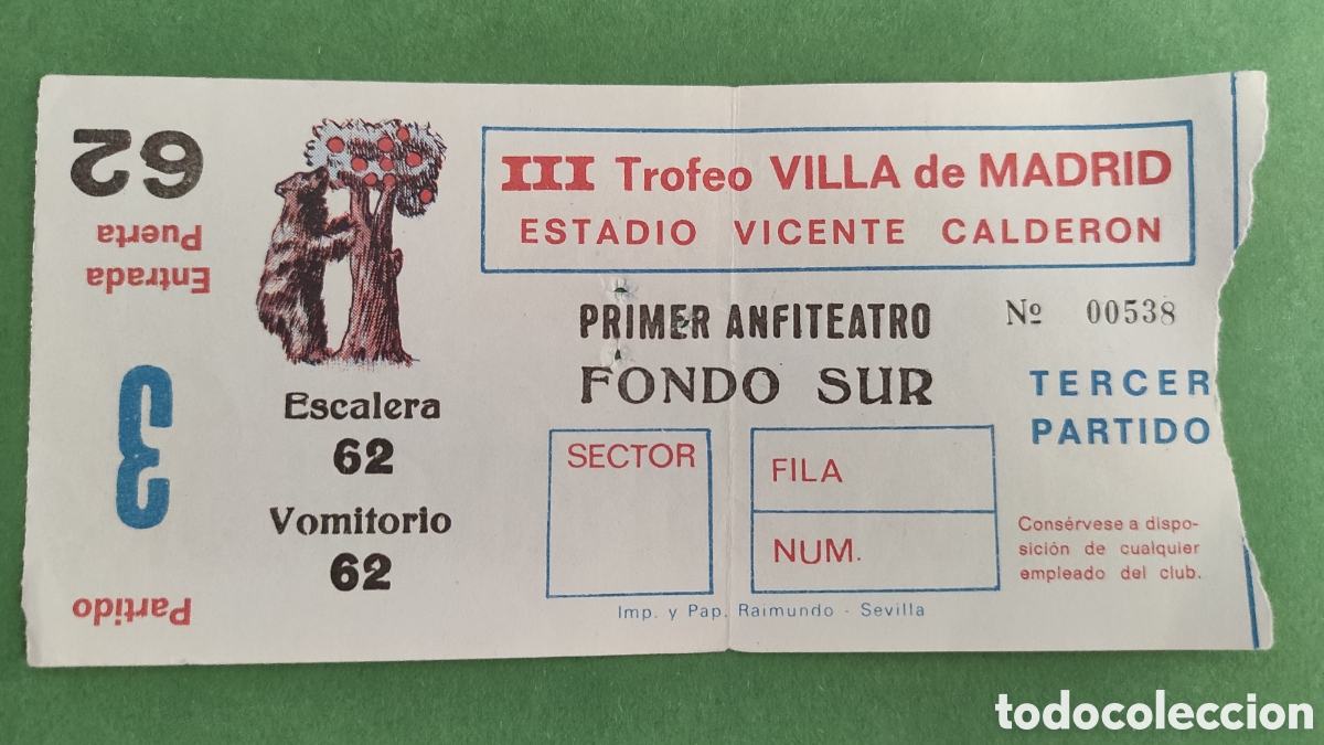 Collezionismo sportivo: TICKET ENTRADA DE FUTBOL III TROFEO VILLA DE MADRID.- SC VASAS - VITORIA SETUBAL- 1975.