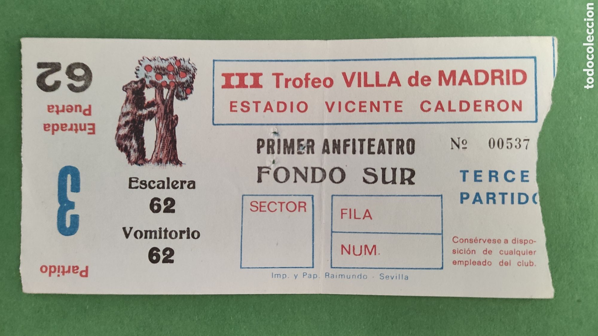 Collezionismo sportivo: TICKET ENTRADA DE FUTBOL III TROFEO VILLA DE MADRID.- SC VASAS - VITORIA SETUBAL- 1975.
