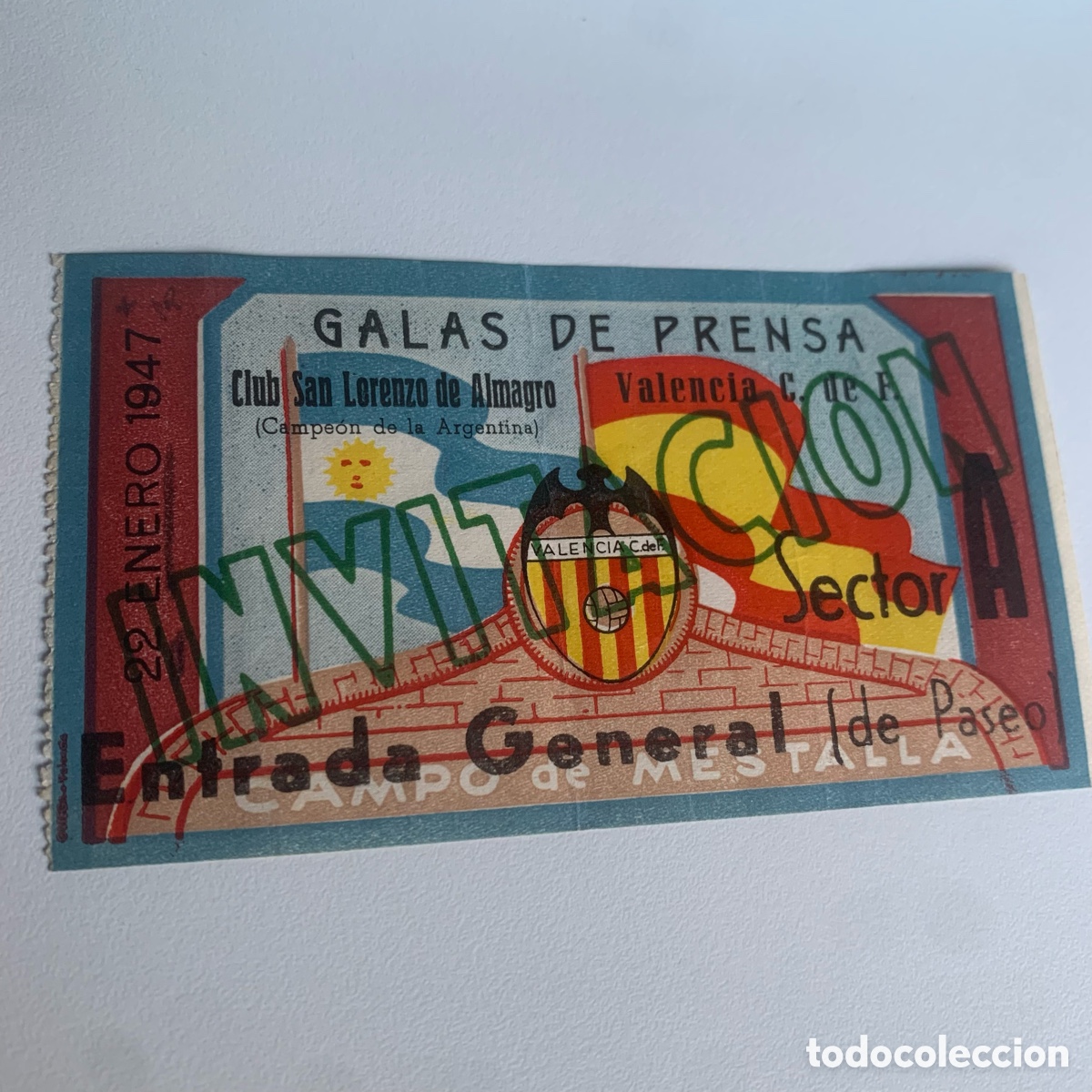 Coleccionismo deportivo: entrada del partido club san lorenzo de almagro Valencia c. f. campo de mestalla 22 enero 1947