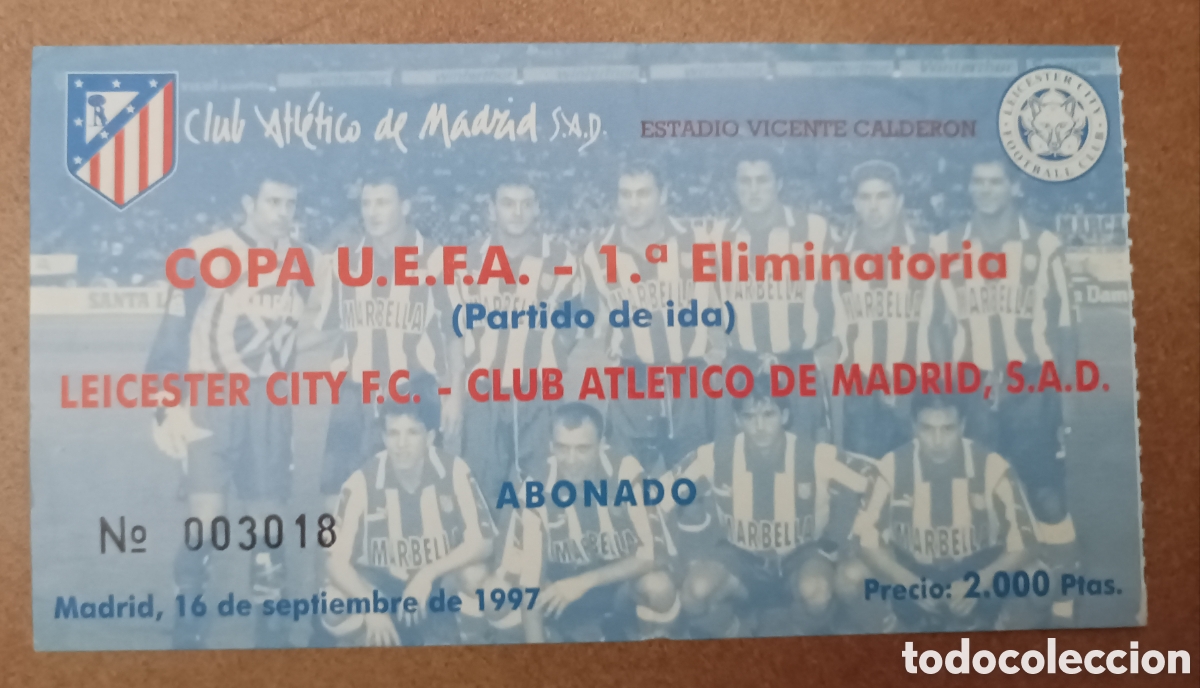 Coleccionismo deportivo: ENTRADA FUTBOL ATL&Eacute;TICO MADRID LEICESTER 1997