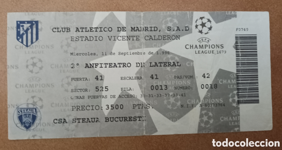 Coleccionismo deportivo: ENTRADA FUTBOL ATL&Eacute;TICO MADRID STEAUA BUCUREST 1996