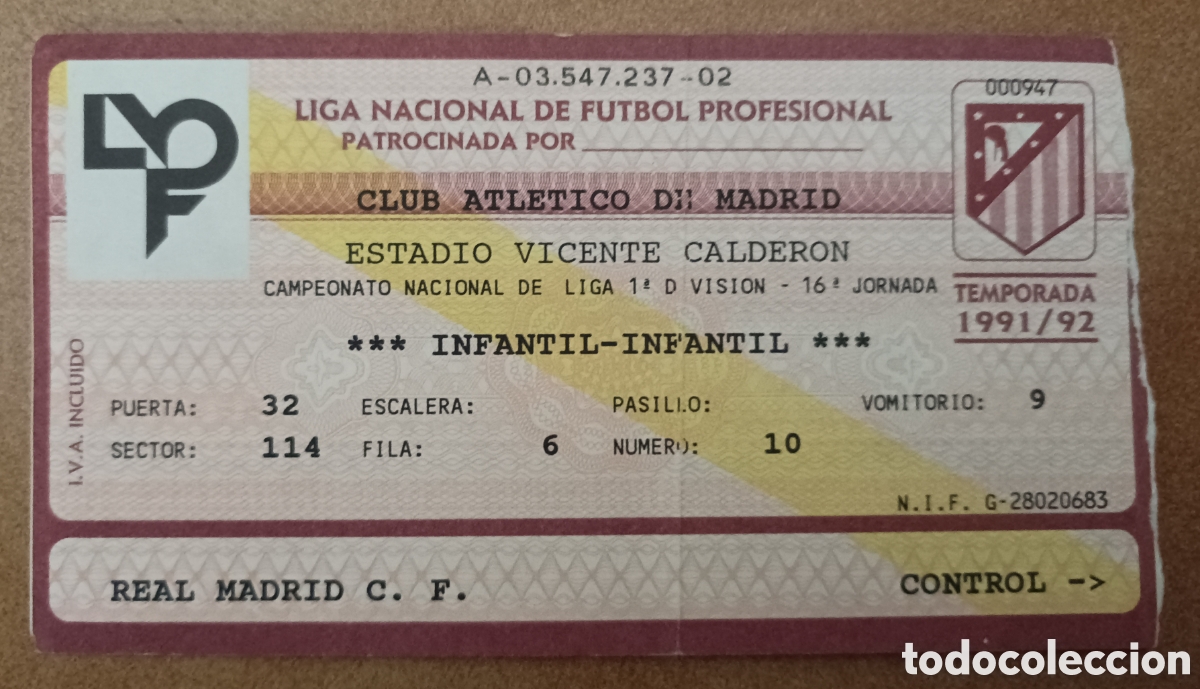 Coleccionismo deportivo: ENTRADA FUTBOL ATL&Eacute;TICO MADRID REAL MADRID 1991/92