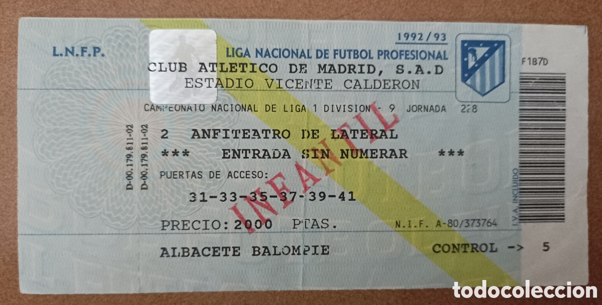 Coleccionismo deportivo: ENTRADA FUTBOL ATL&Eacute;TICO MADRID ALBACETE 1992/93