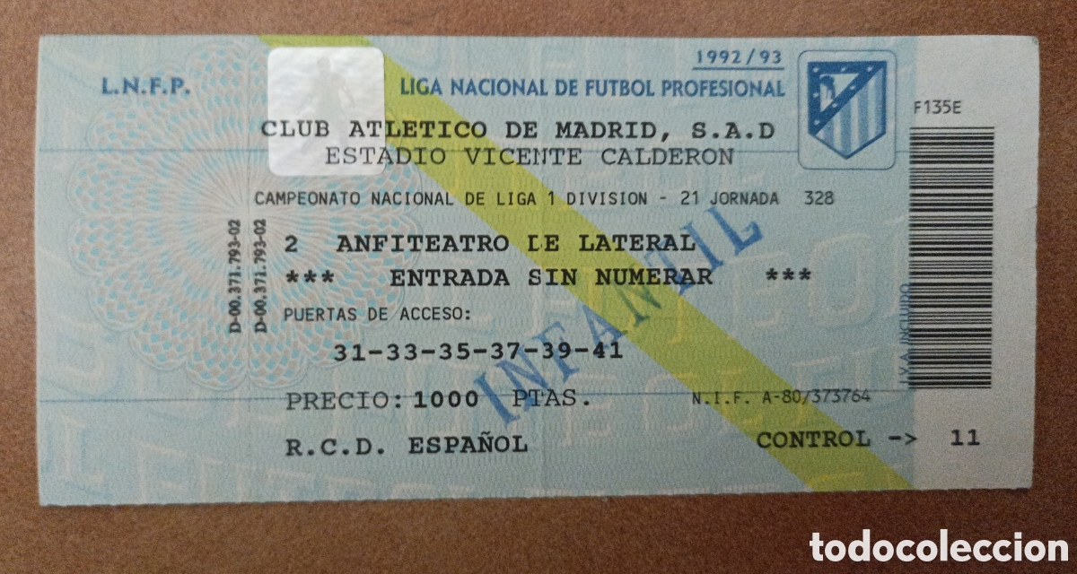Coleccionismo deportivo: ENTRADA FUTBOL ATL&Eacute;TICO MADRID ESPA&Ntilde;OL 1992/93