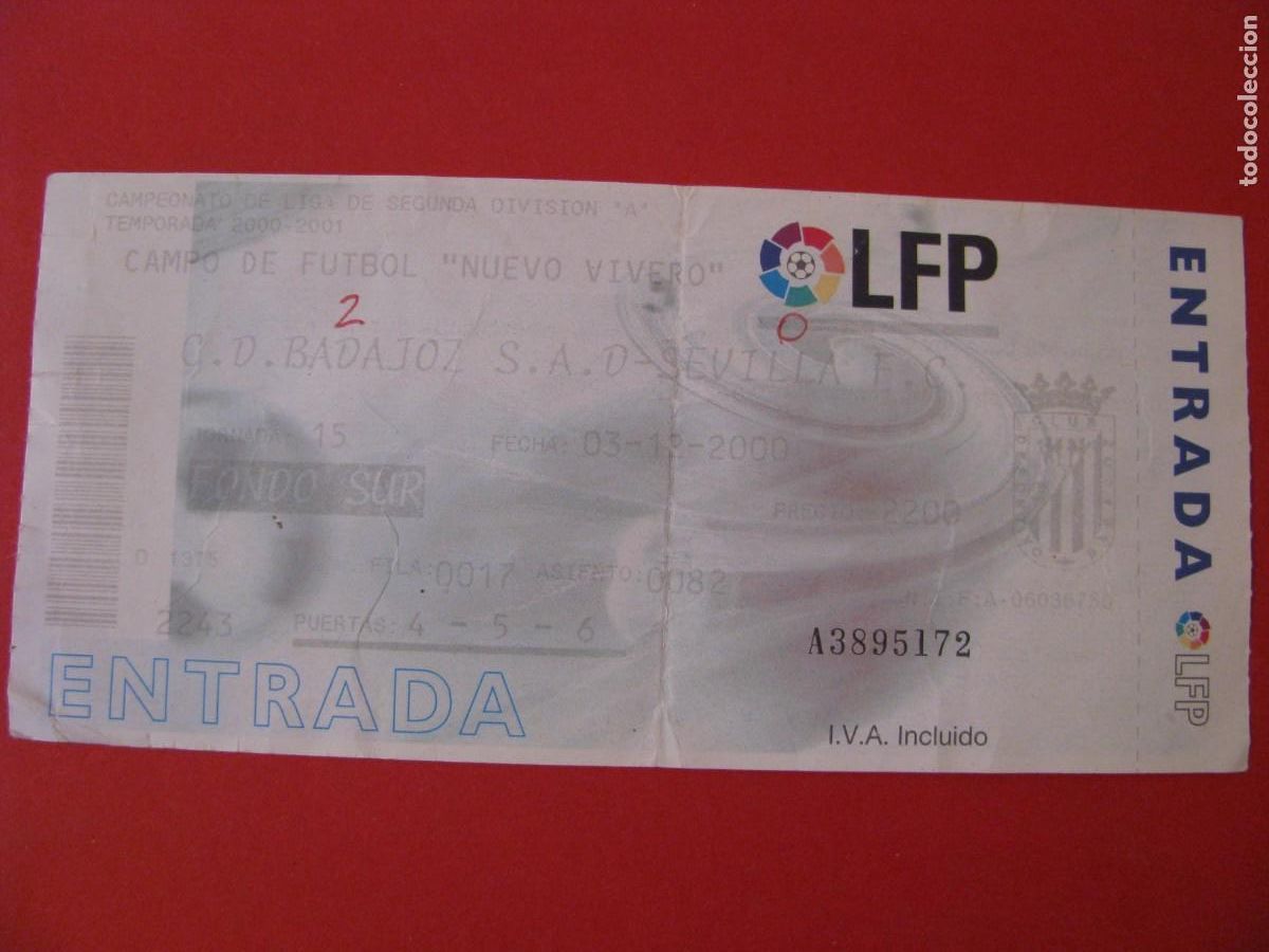 Colecionismo desportivo: ENTRADA DE FUTBOL. C. D. BADAJOZ S. A. D. - SEVILLA F. C. 03 DICIEMBRE 2000. CAMPO NUEVO VIVERO