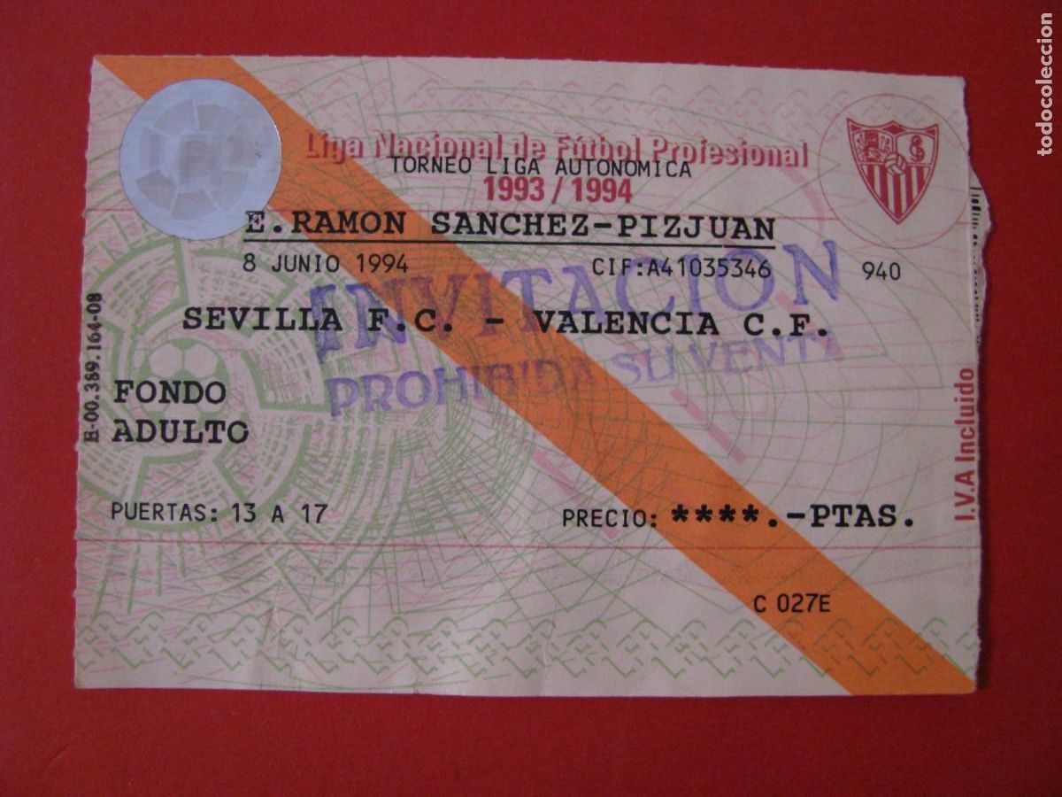 Colecionismo desportivo: ENTRADA DE FUTBOL. SEVILLA F. C. - VALENCIA C. F. 8 JUNIO 1994.