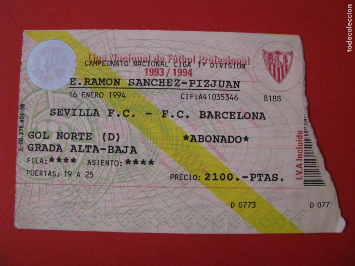 Colecionismo desportivo: ENTRADA DE FUTBOL. SEVILLA F. C. - F. C. BARCELONA. 16 ENERO 1994