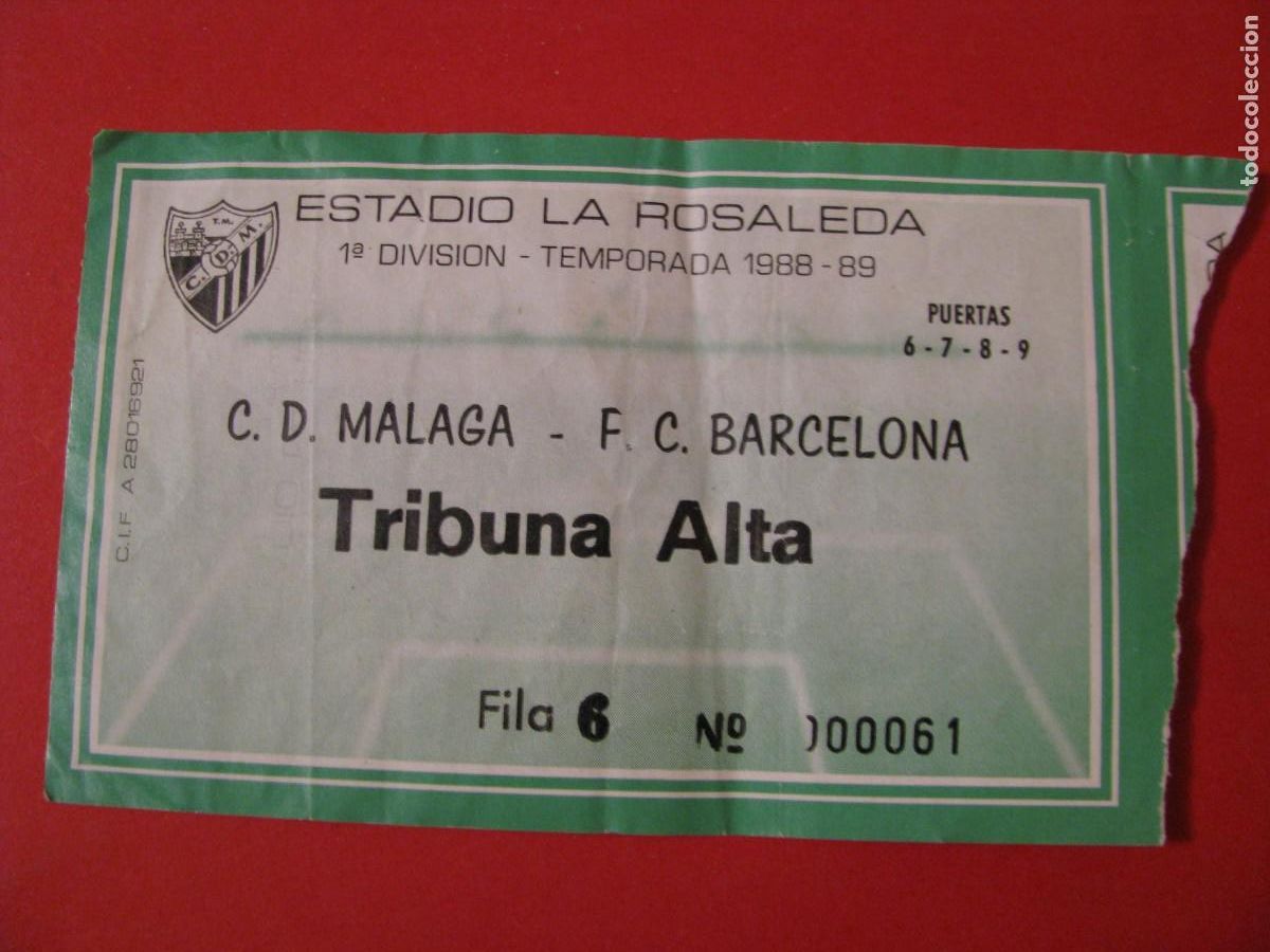 Coleccionismo deportivo: ENTRADA DE FUTBOL. ESTADIO LA ROSALEDA. TEMPORADA 1988-89. C. D. MALAGA - F. C. BARCELONA