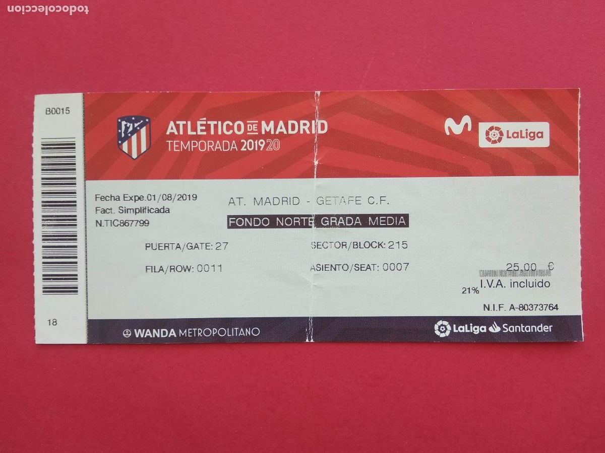 Collectionnisme sportif: ENTRADA DE FUTBOL ESTADIO WANDA METROPOLITANO LIGA 19 20 2019 2020 ATLETICO MADRID - GETAFE