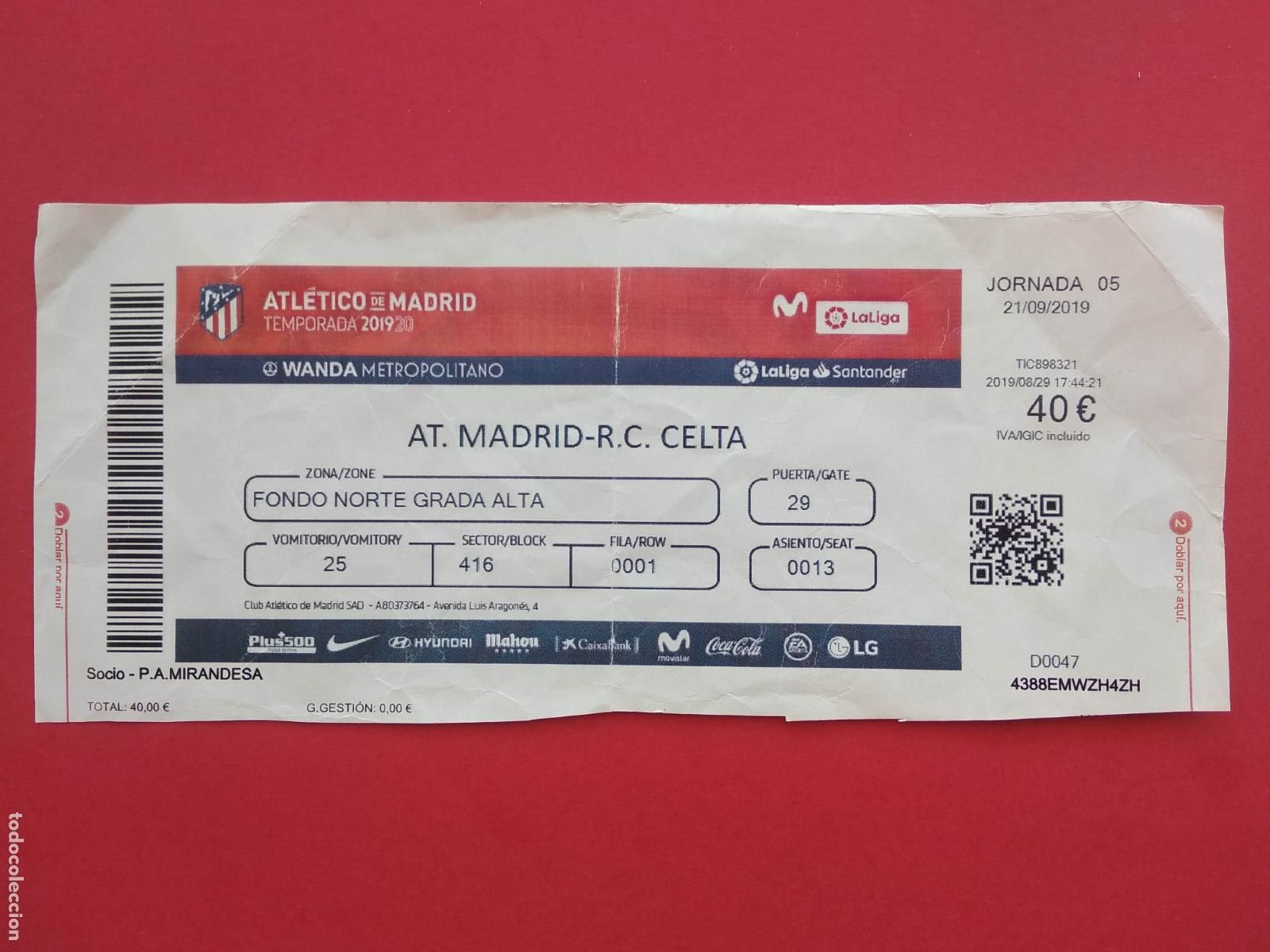 Collezionismo sportivo: ENTRADA DE FUTBOL ESTADIO WANDA METROPOLITANO LIGA 19 20 2019 2020 ATLETICO MADRID CELTA VIGO