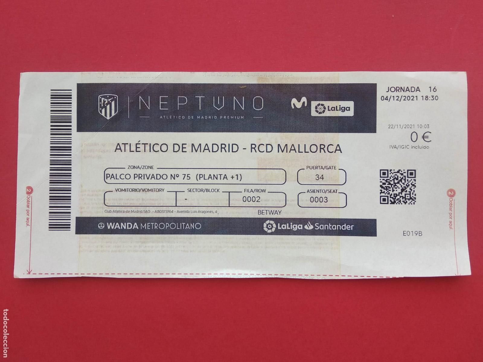 Collezionismo sportivo: ENTRADA DE FUTBOL ESTADIO WANDA METROPOLITANO LIGA 21 22 2021 2022 ATLETICO MADRID MALLORCA