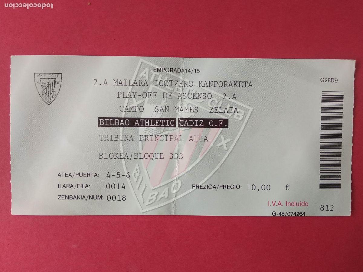 Colecionismo desportivo: ENTRADA DE FUTBOL LIGA ESTADIO SAN MAMES 14 15 2014 2015 BILBAO ATHLETIC - CADIZ PLAY OFF ASCENSO 2A