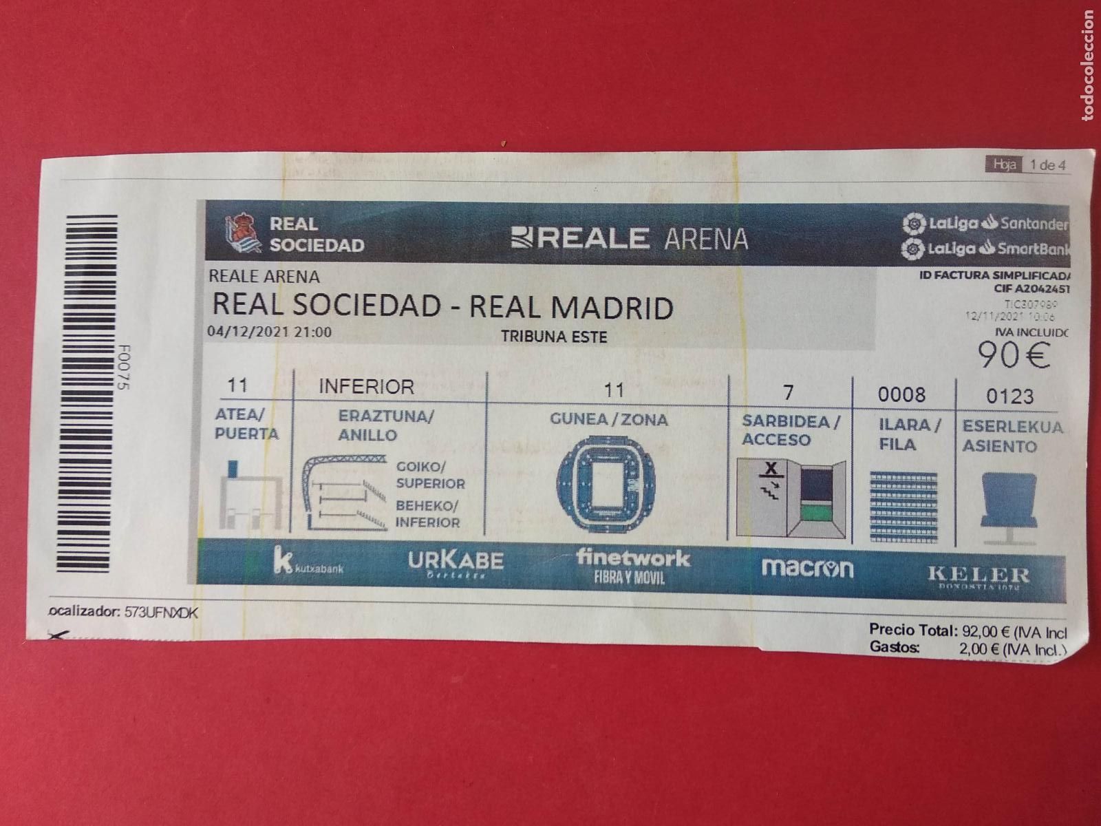 Collectionnisme sportif: ENTRADA FUTBOL IMPRESA EN PAPEL ESTADIO REALE ARENA 21 22 2021 2022 REAL SOCIEDAD - REAL MADRID