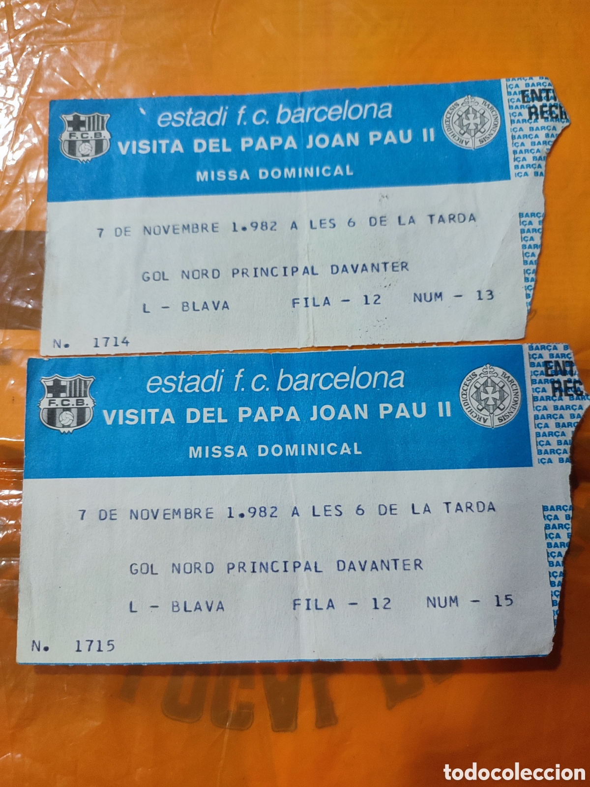 Coleccionismo deportivo: Dos entradas estadio FC Barcelona visita Papa Juan Pablo II a Barcelona en 1982