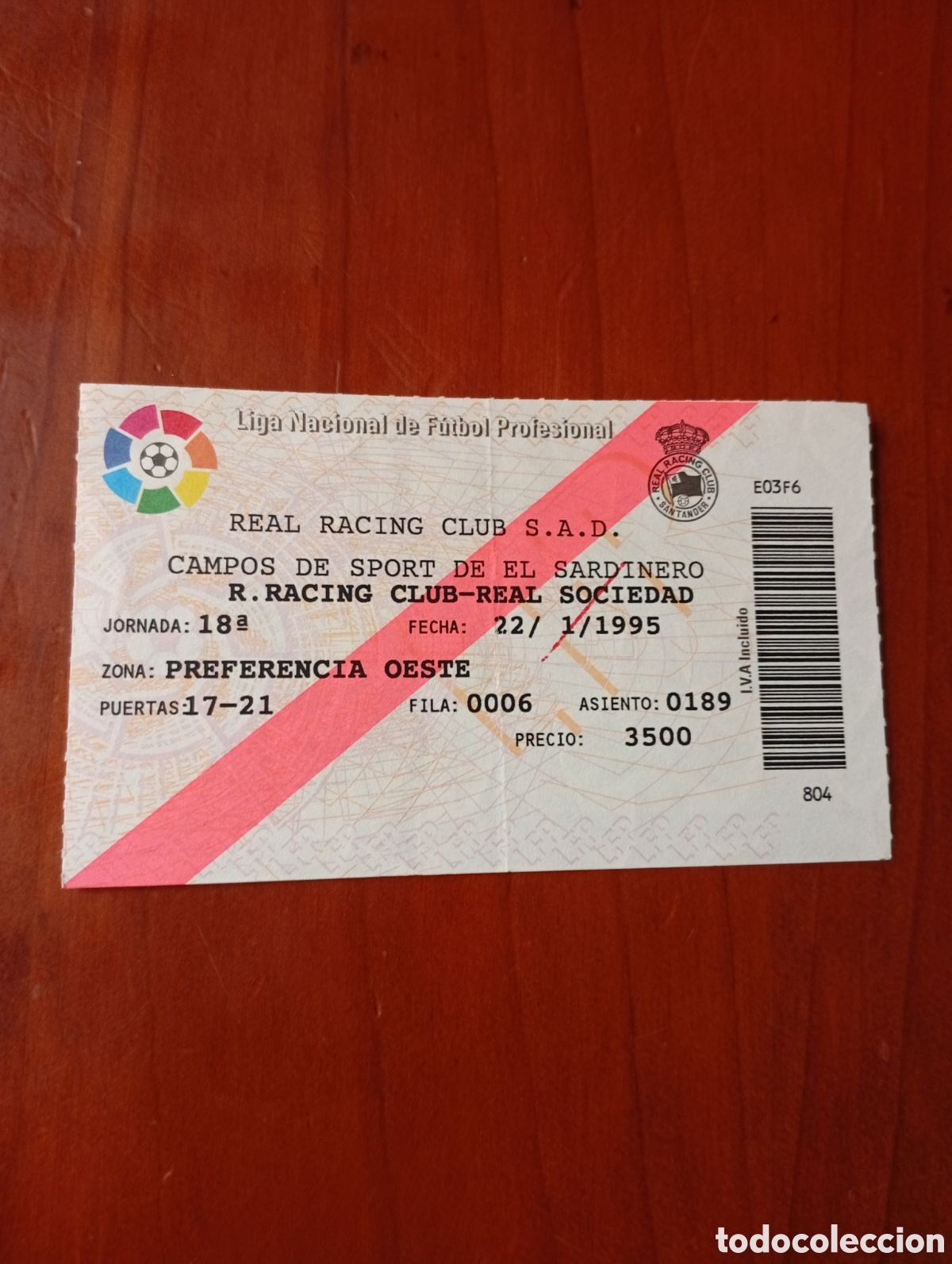 Sammelleidenschaft Sport: ENTRADA FUTBOL R. RACING CLUB - REAL SOCIEDAD CAMPOS DE SPORT DE EL SARDINERO 1995
