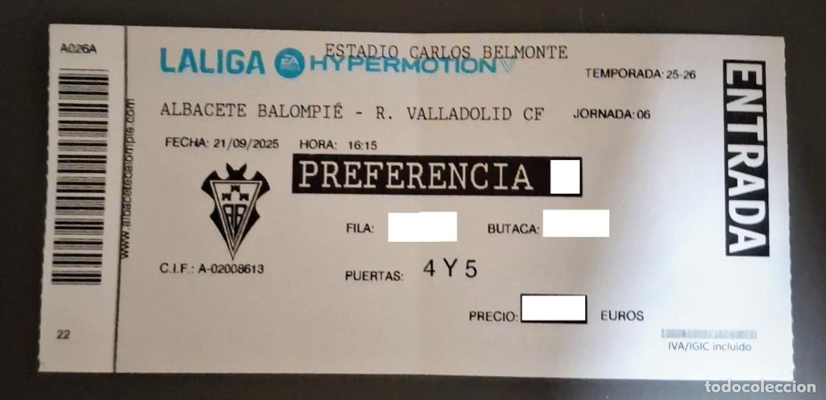 Sports collectibles: ENTRADA FUTBOL TICKET SPAIN ESPA&Ntilde;A ALBACETE BALOMPIE VALLADOLID JORNADA 06 - 2025 25 26 2026