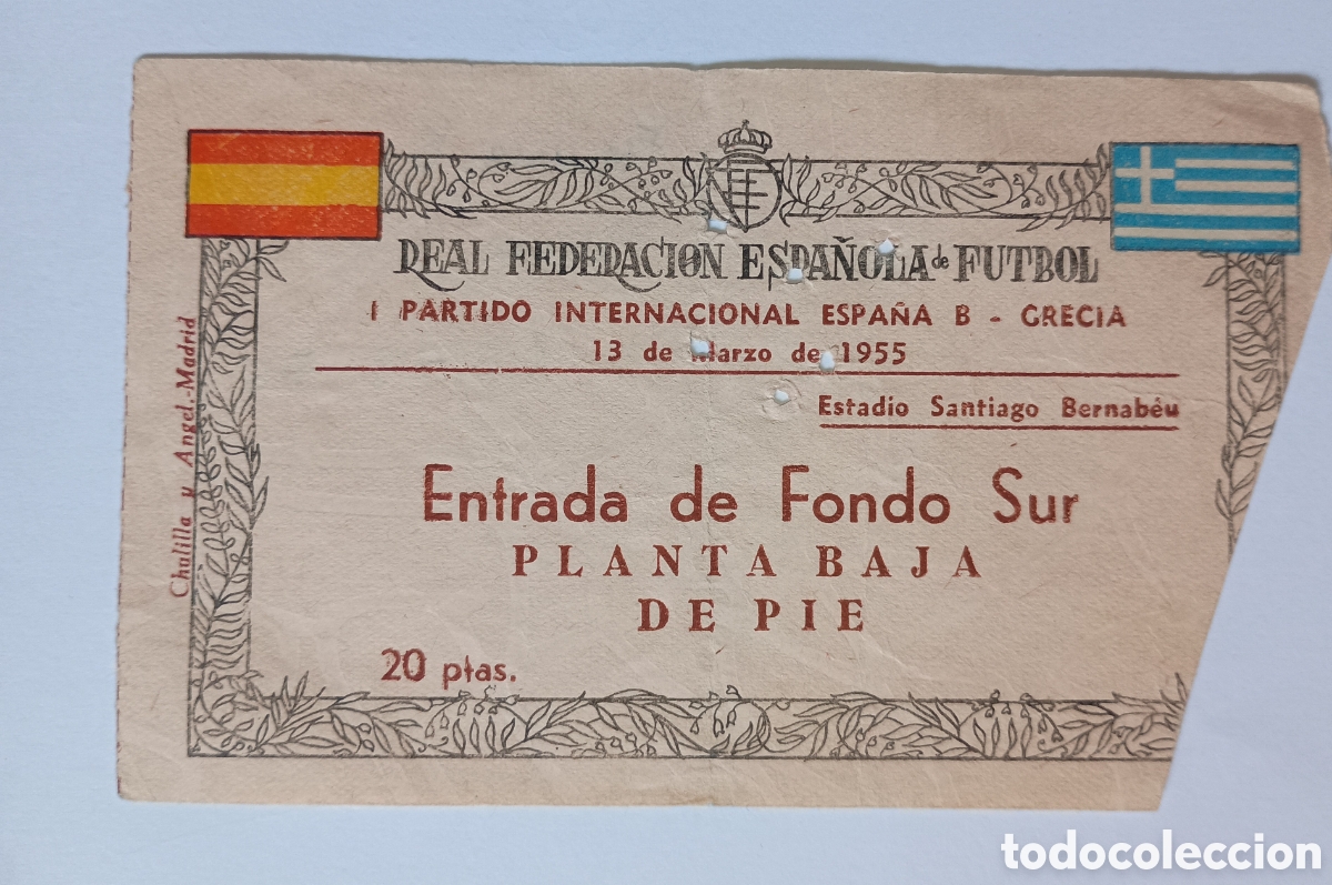Sports collectibles: Entrada de Futbol.Partido Internacional Espa&ntilde;a-Grecia 13 Marzo 1955 Santiago Bernab&eacute;u