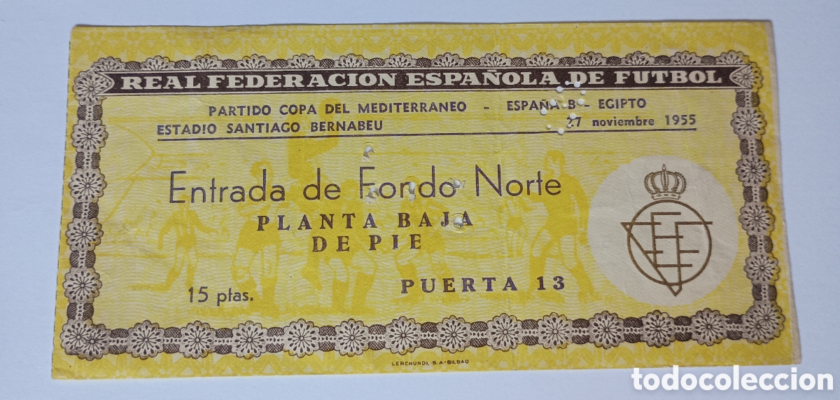 Sports collectibles: ENTRADAFUTBOL A&Ntilde;O 1955 REAL FEDERACION ESPA&Ntilde;OLA 27 NOVIEMBRE ESPA&Ntilde;A B EGIPTO SANTIAGO BERNABEU