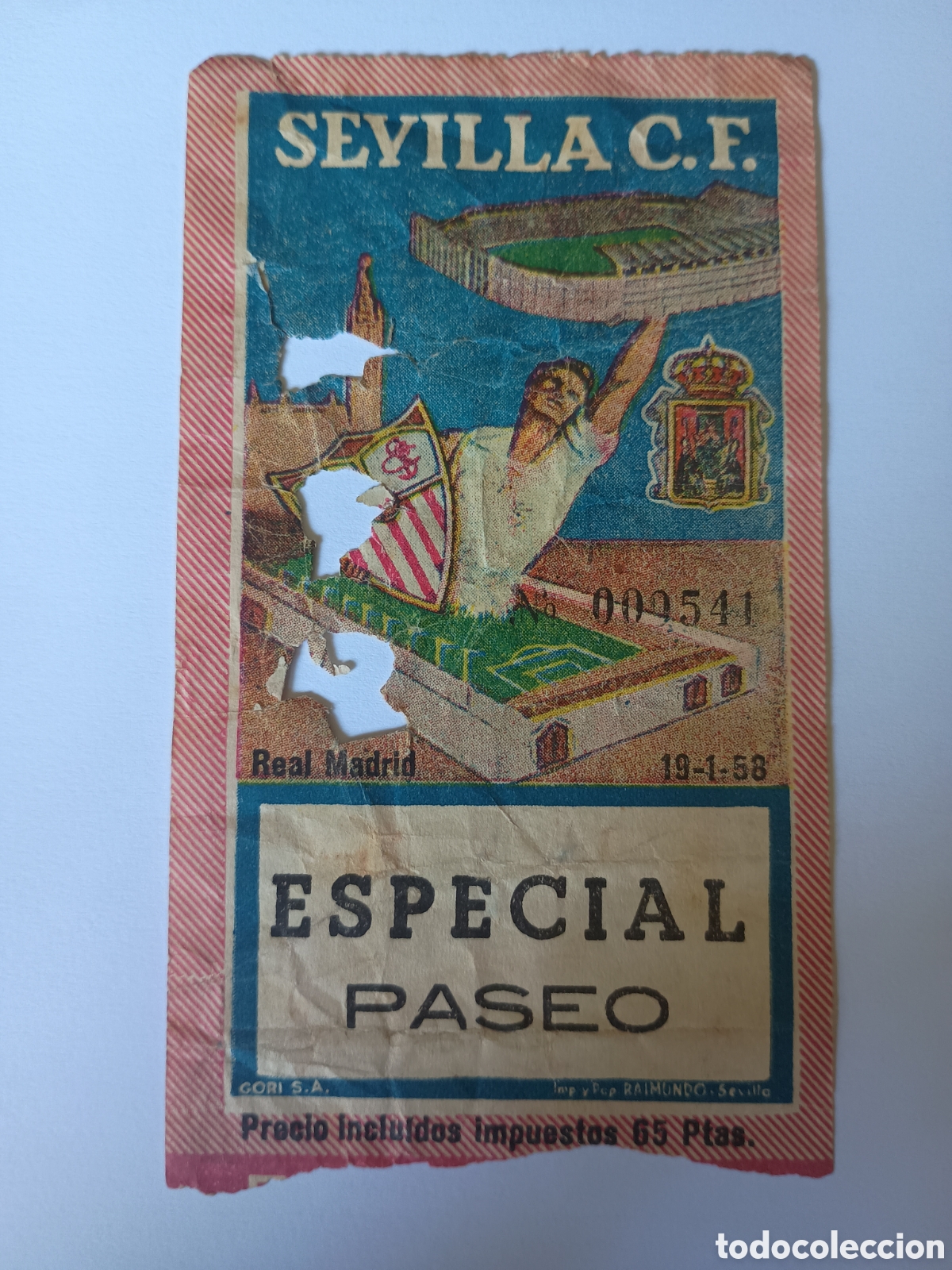 Coleccionismo deportivo: Entrada f&uacute;tbol Sevilla Real Madrid Nervi&oacute;n 19 Enero 1958