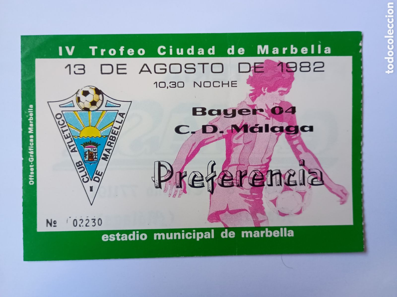 Collezionismo sportivo: Entrada IV Trofeo ciudad Marbella Bayer 04 CD M&aacute;laga 14 Agosto 1982
