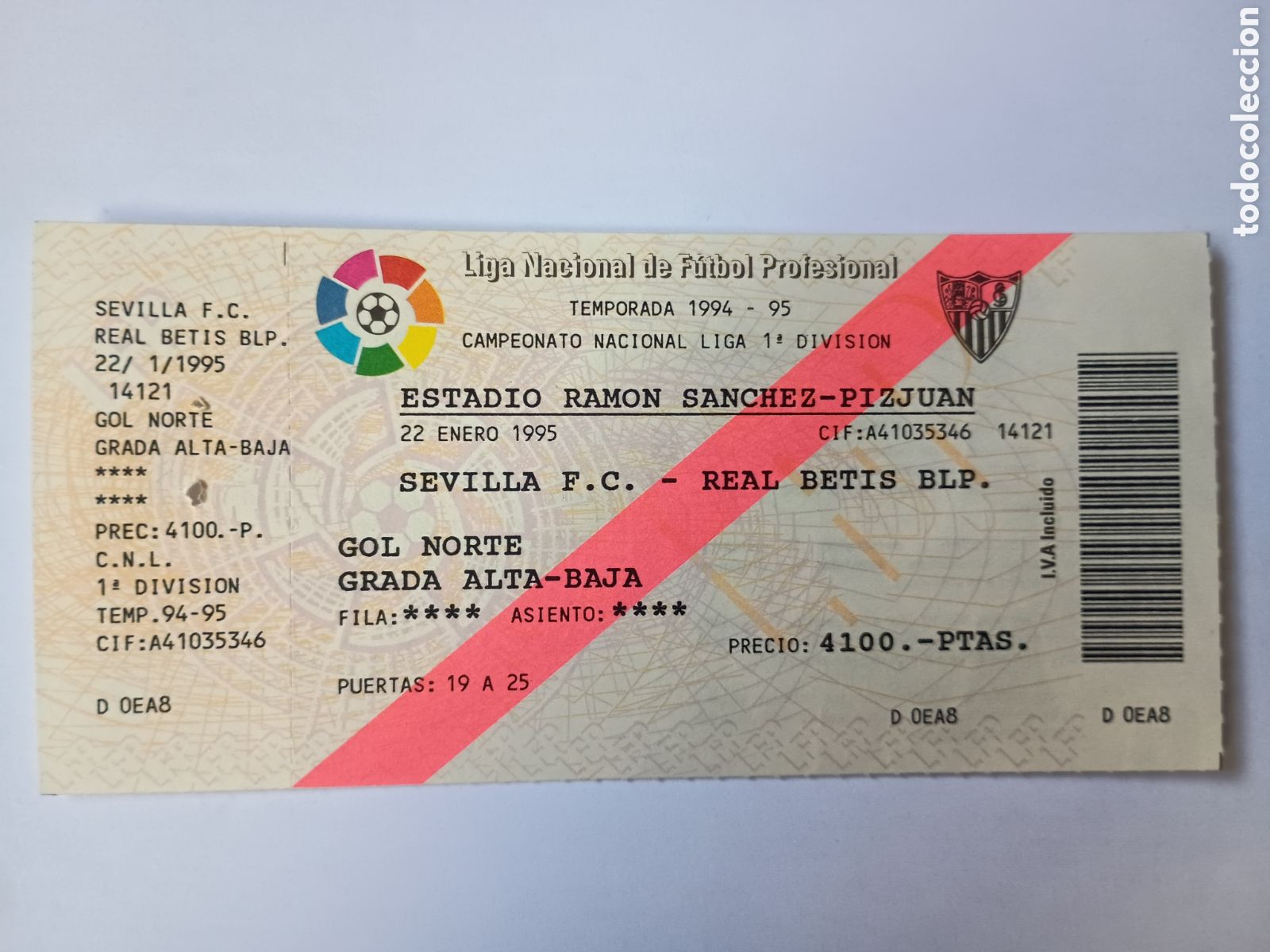 Colecionismo desportivo: Entrada nueva Sevilla Betis S&aacute;nchez Pizju&aacute;n 22 Enero 1995