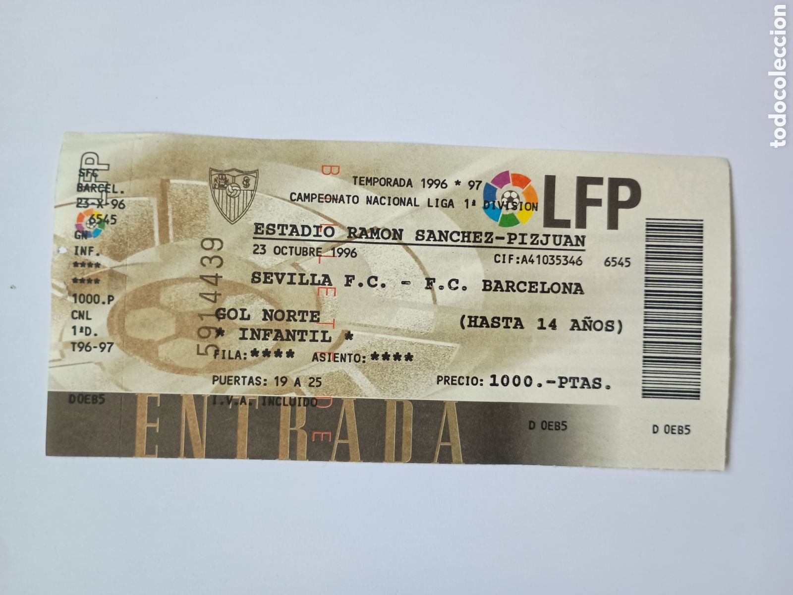 Colecionismo desportivo: Entrada nueva Sevilla Barcelona S&aacute;nchez Pizju&aacute;n 23 Octubre 1996