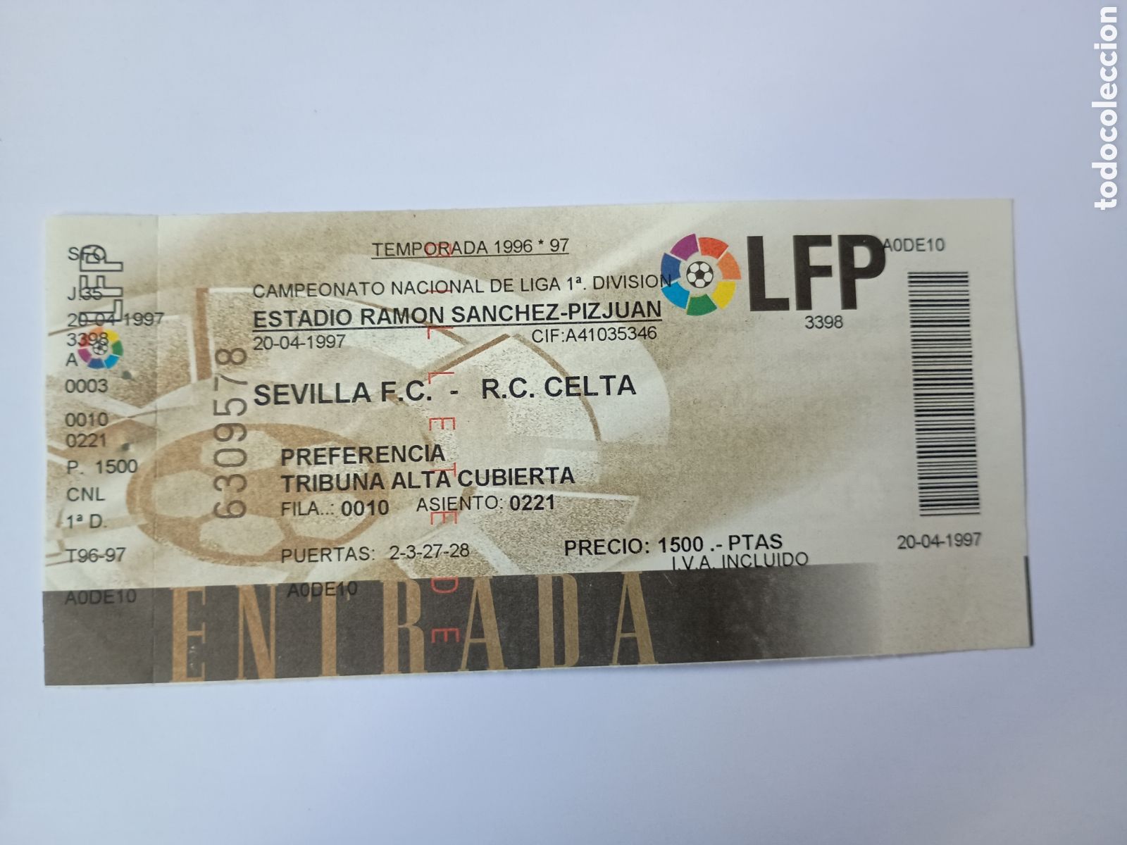 Colecionismo desportivo: Entrada nueva Sevilla Celta S&aacute;nchez Pizju&aacute;n 20 4 1997