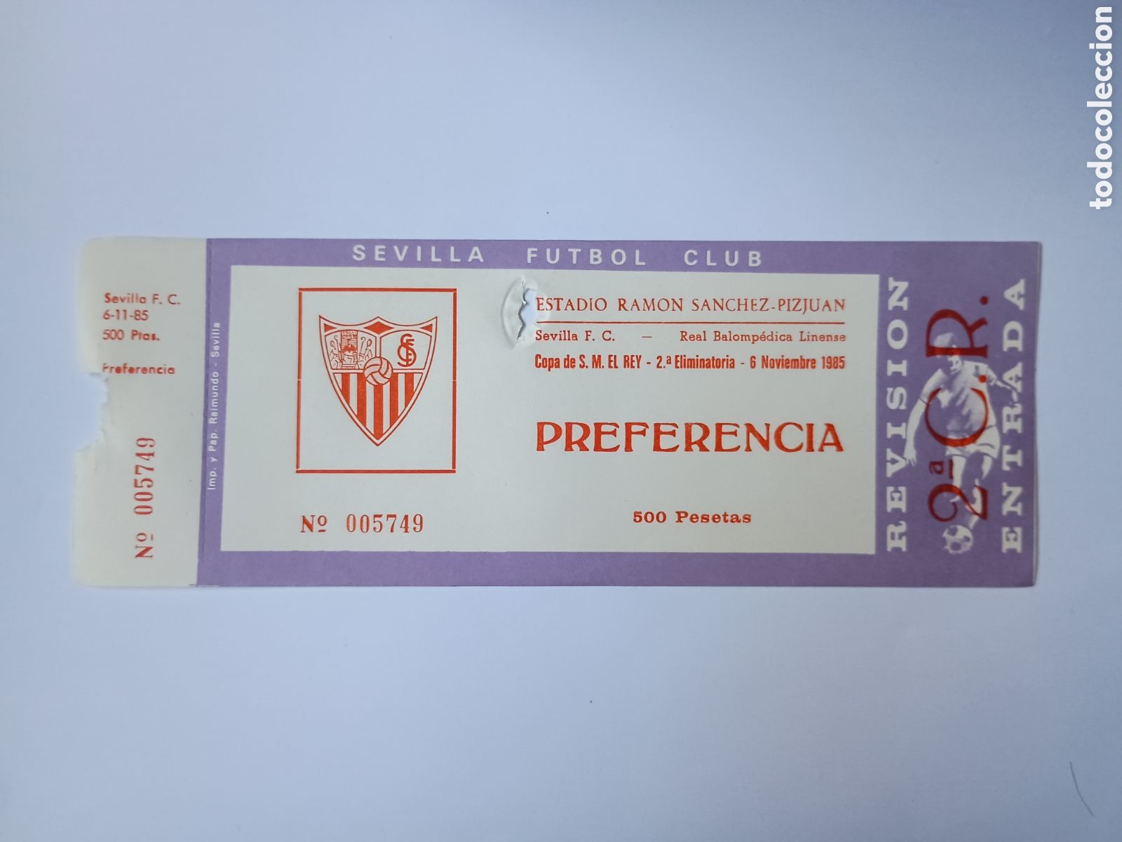 Colecionismo desportivo: Entrada nueva Sevilla Balomp&eacute;dica Linense copa rey S&aacute;nchez Pizju&aacute;n 6 noviembre 1985