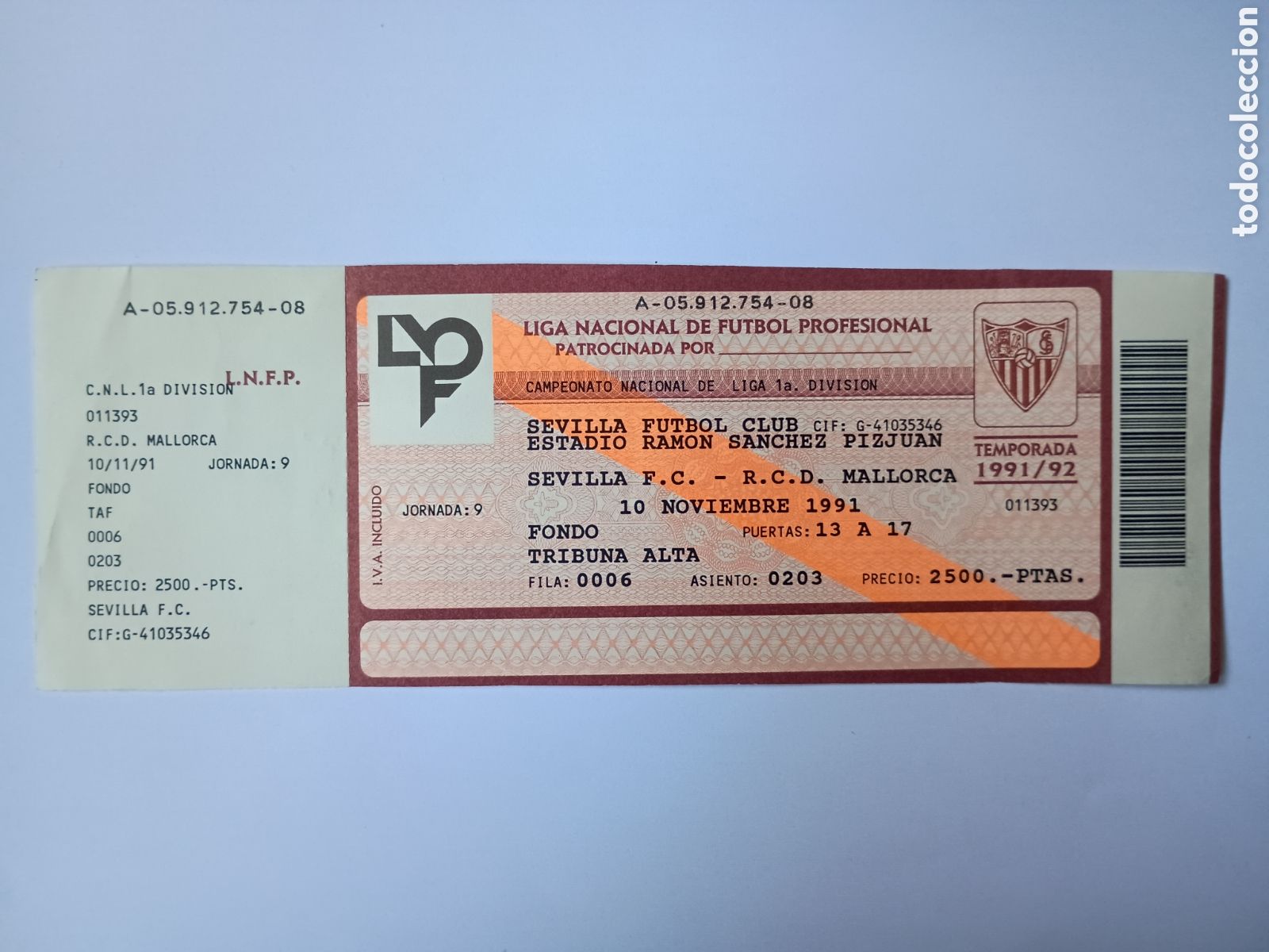Colecionismo desportivo: Entrada nueva Sevilla Mallorca S&aacute;nchez Pizju&aacute;n 10 noviembre 1991
