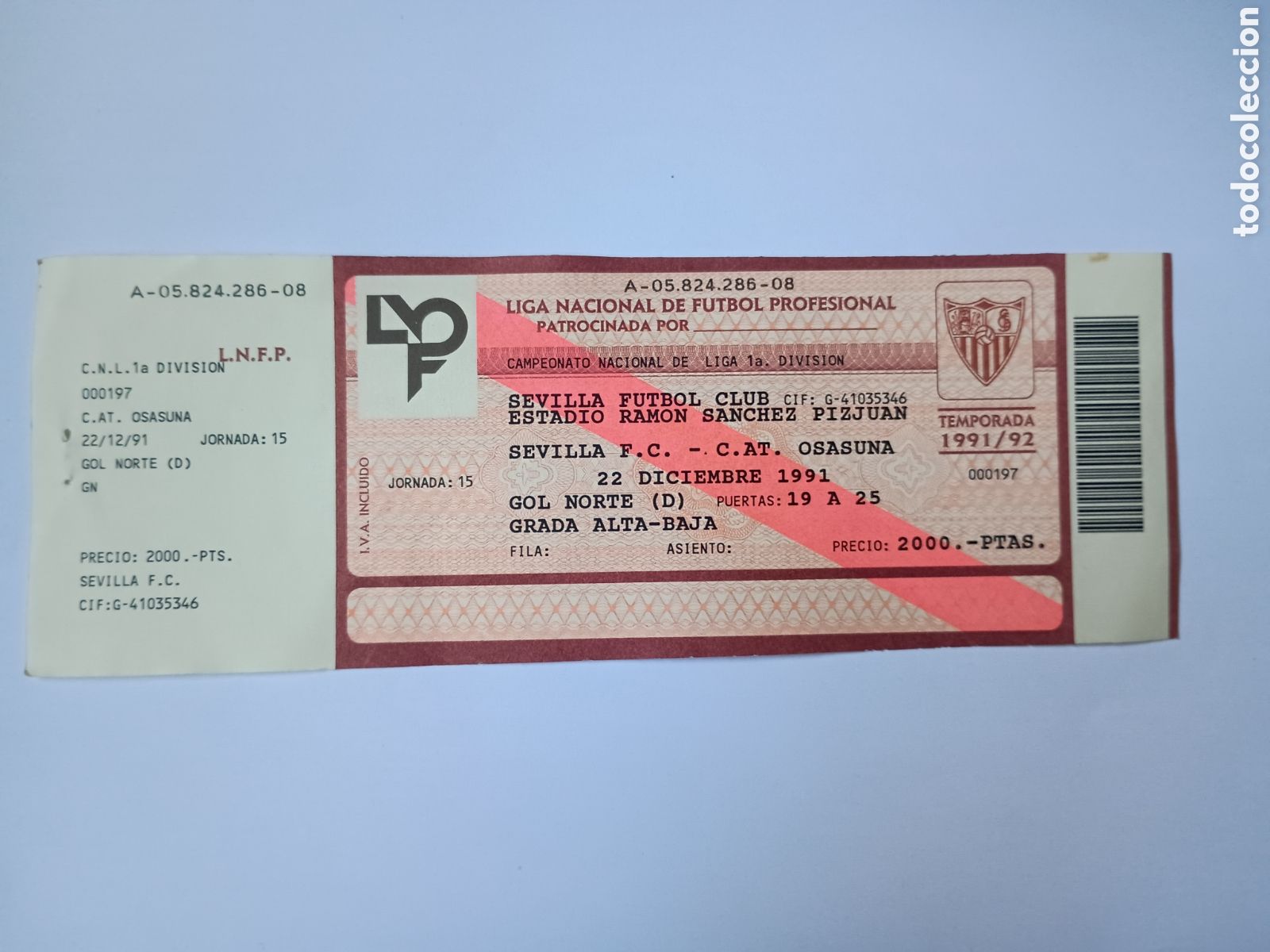 Colecionismo desportivo: Entrada nueva Sevilla Osasuna S&aacute;nchez Pizju&aacute;n 22 diciembre 1991