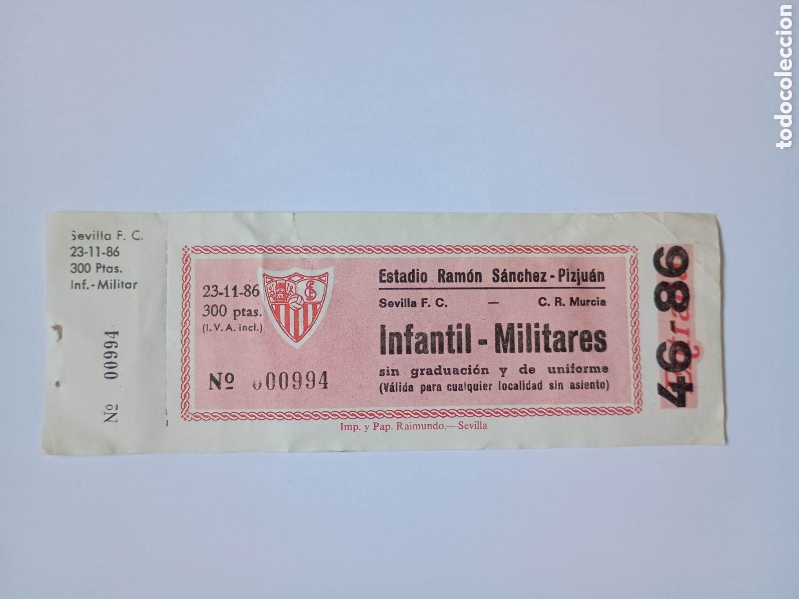 Colecionismo desportivo: Entrada nueva Sevilla Murcia S&aacute;nchez Pizju&aacute;n 23 noviembre 1986