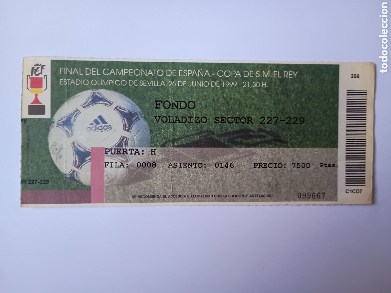 Colecionismo desportivo: Entrada final copa 1999 atl&eacute;tico Madrid valencia estadio ol&iacute;mpico Sevilla junio 1999