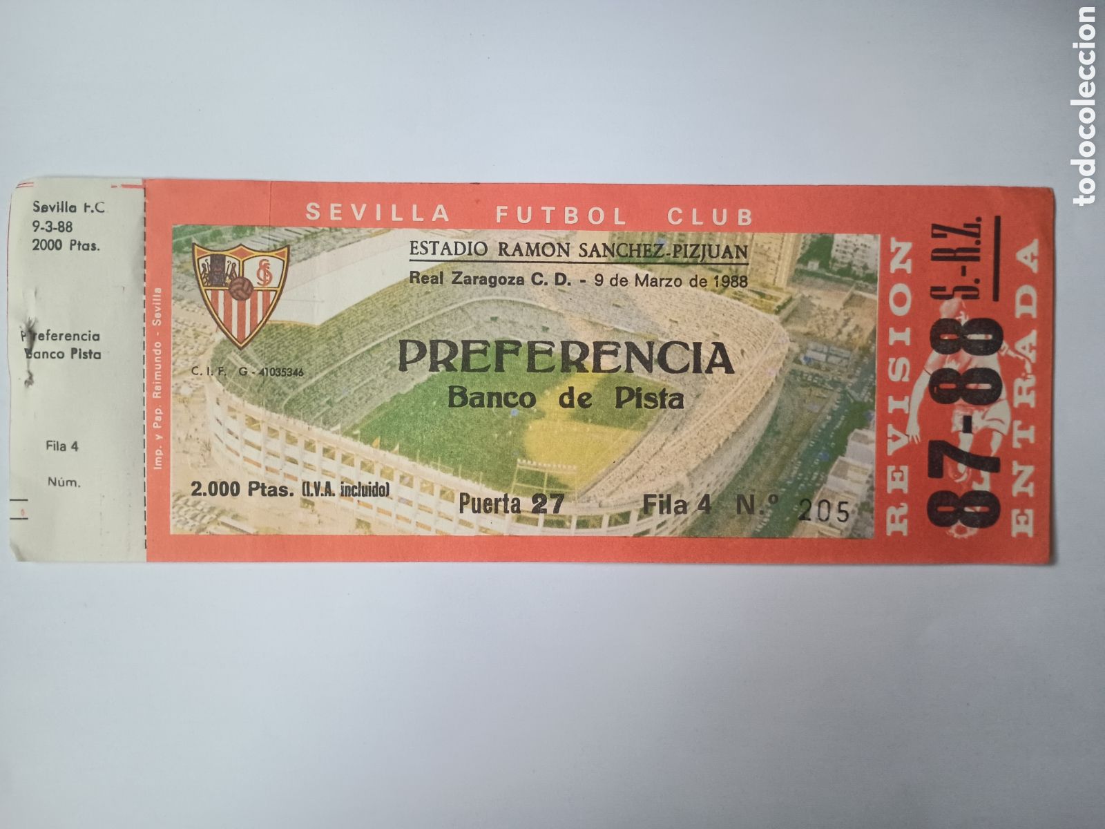 Colecionismo desportivo: Entrada nueva Sevilla Zaragoza S&aacute;nchez Pizju&aacute;n 9 Marzo 1988