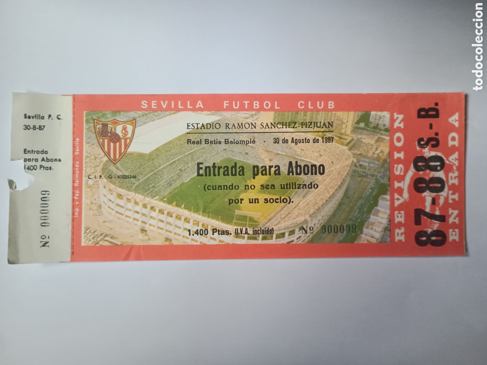 Colecionismo desportivo: Entrada nueva Sevilla Betis S&aacute;nchez Pizju&aacute;n 30 Agosto 1987