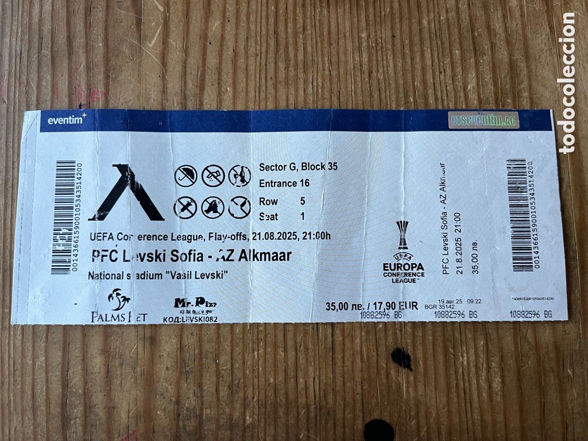 Coleccionismo deportivo: R30832 ENTRADA TICKET FUTBOL LEVSKI SOFIA AZ ALKMAAR UEFA EUROPA LEAGUE 2025 2026
