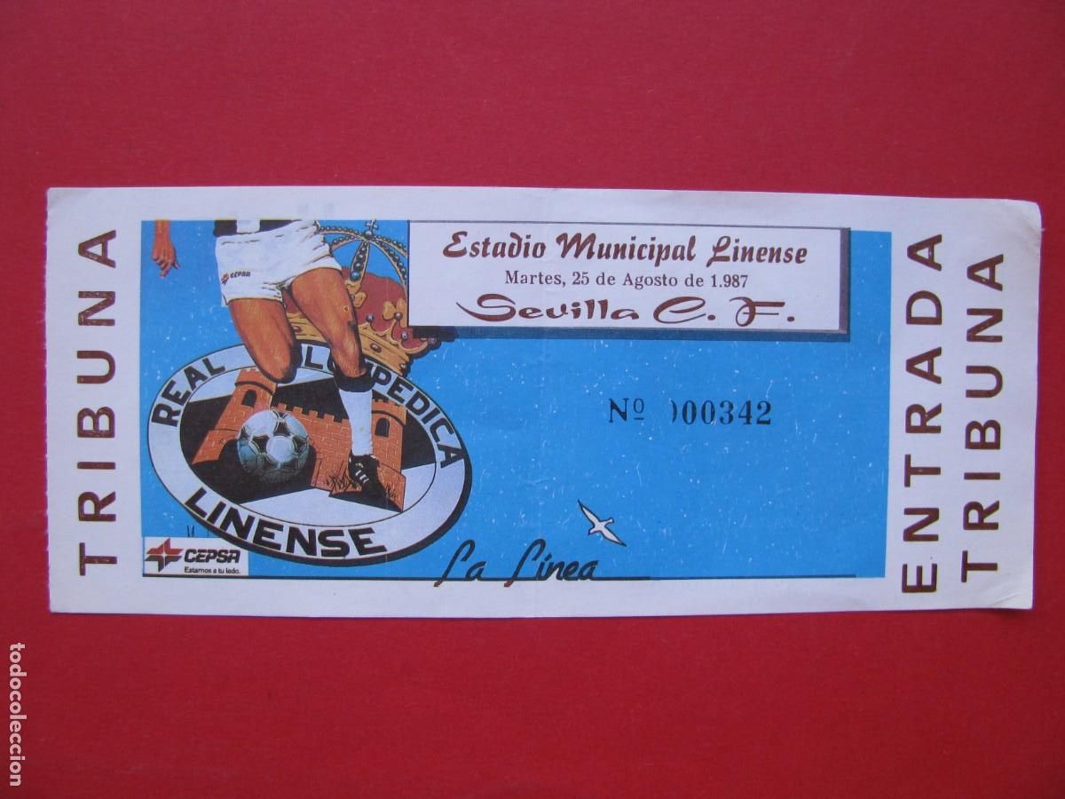 Sammelleidenschaft Sport: ENTRADA DE F&Uacute;TBOL. ESTADIO MUNICIPAL LINENSE. R. B. LINENSE - SEVILLA C. F. 25 AGOSTO 1987